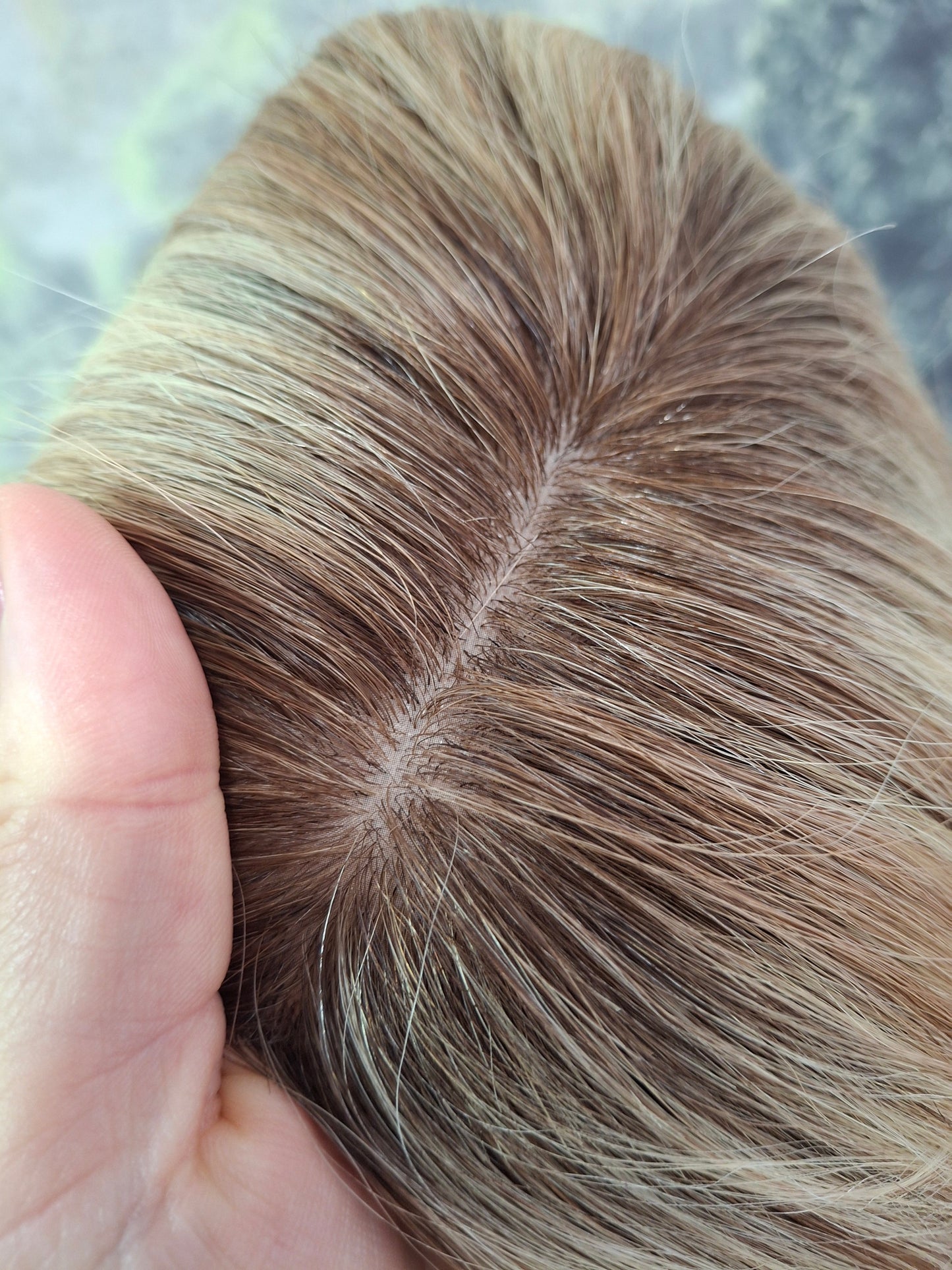 Mila quality human hair topper, full silk base, handmade, 12 inches long, #6/613rt4- cookies and cream