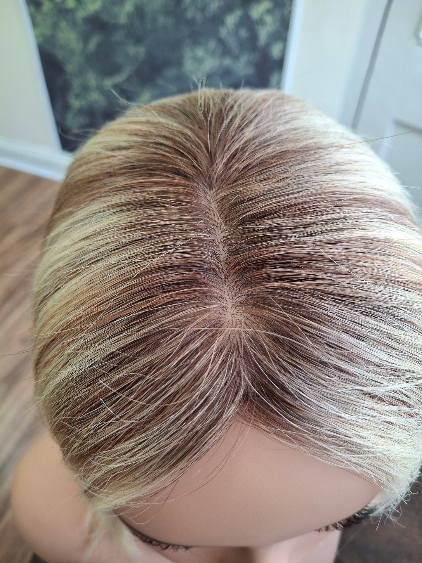 Mila quality human hair topper, full silk base, handmade, 12 inches long, #6/613rt4- cookies and cream