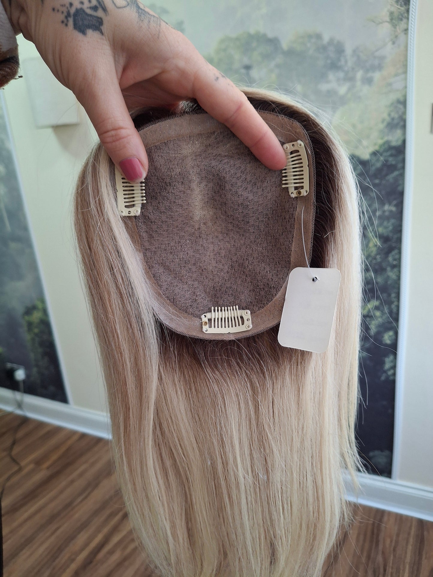 Mila quality human hair topper, full silk base, handmade, 12 inches long, #6/613rt4- cookies and cream