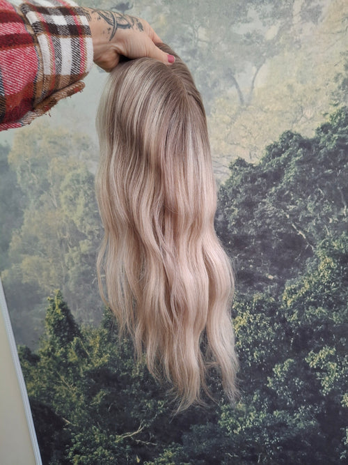 Bella quality human hair topper, silk and weft base, lace front, 16 inches long, t7-ash- frosted fairytale