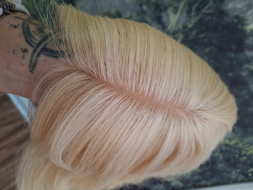 Bella quality human hair topper, silk and weft base, lace front, 16 inches long, Sunshine blonde