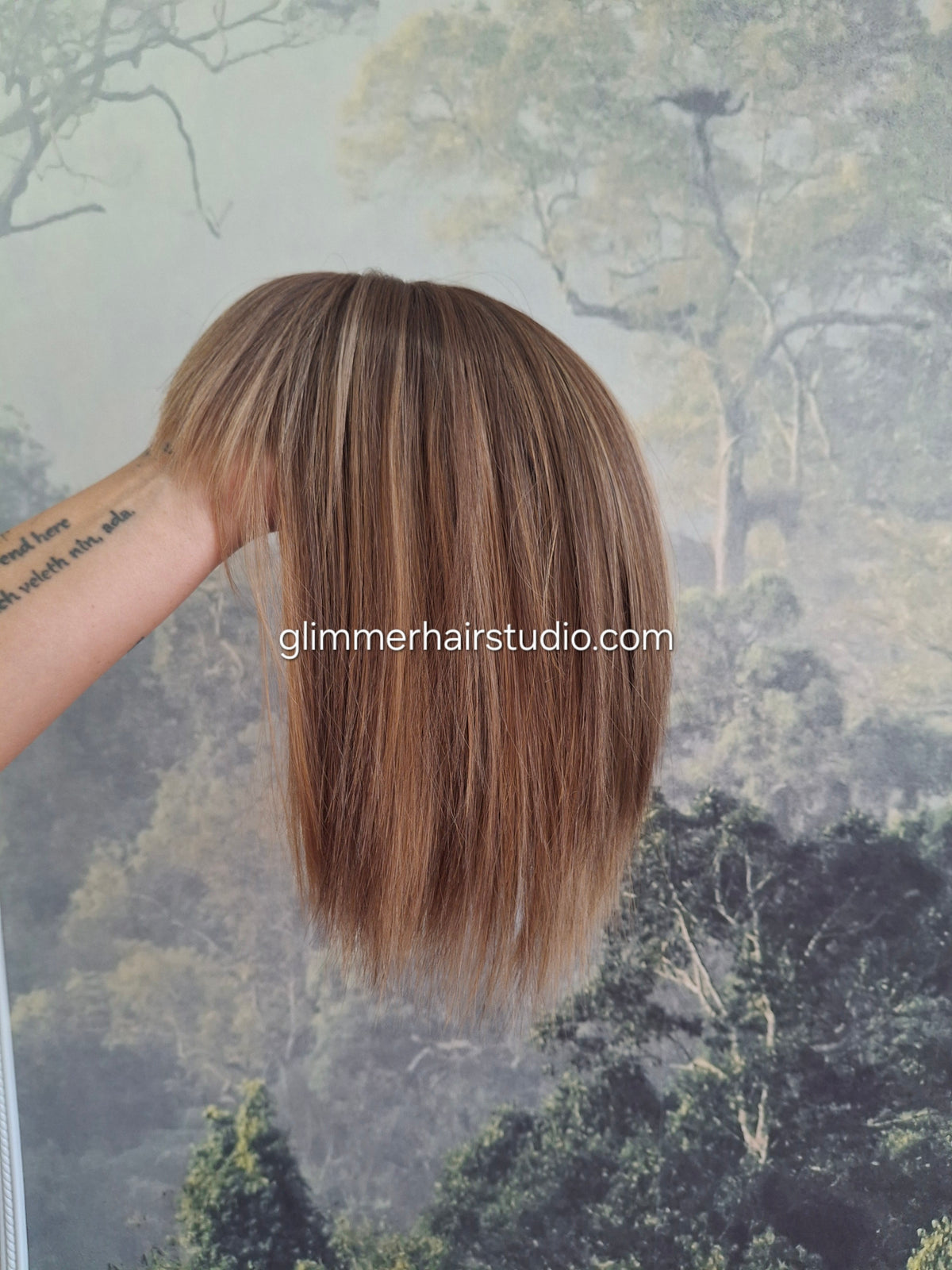 Baby Callie Fibre topper, lace closure with weft, large size, full coverage, honey balayage with fringe, 12 inches long