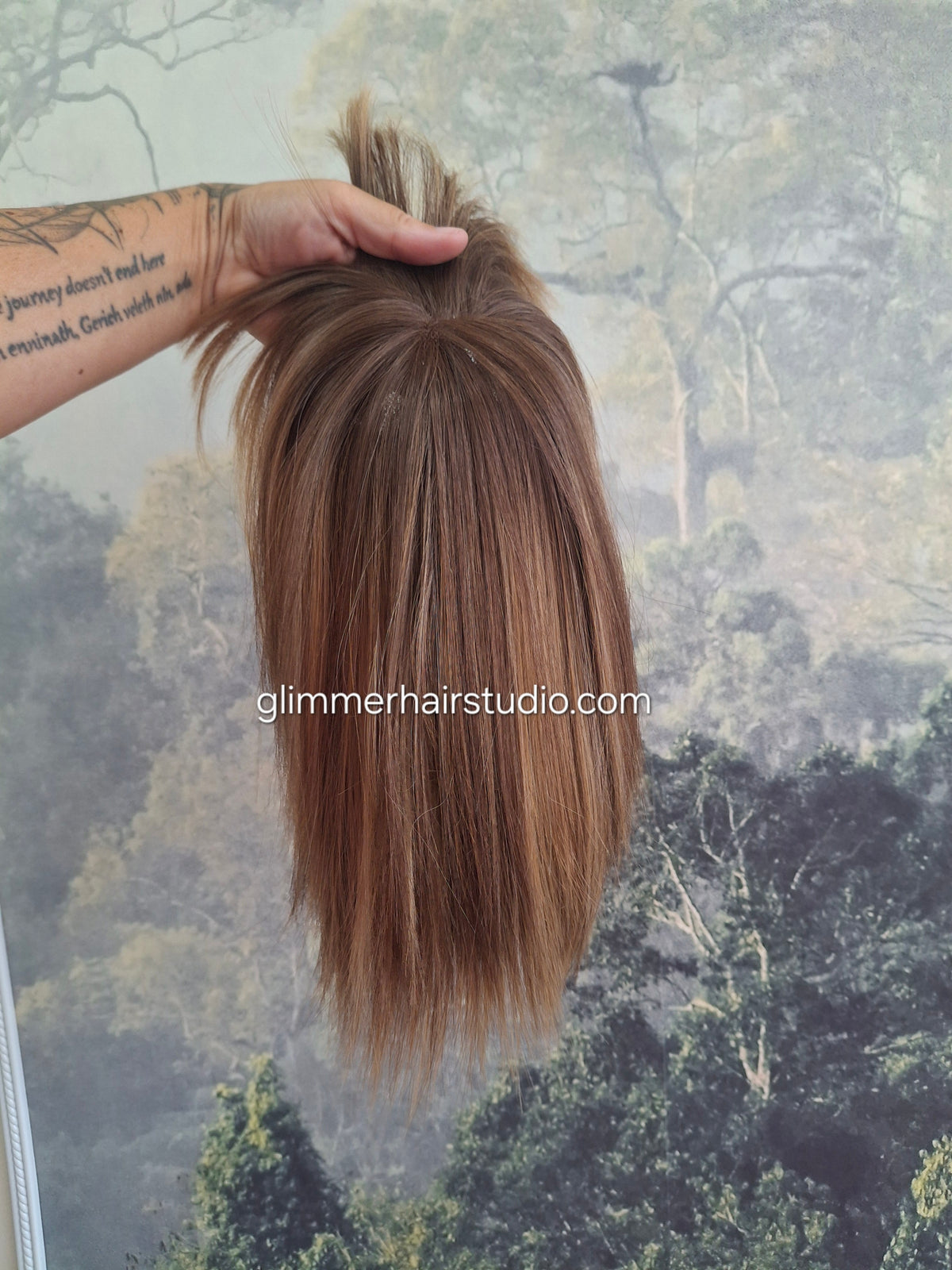 Baby Callie Fibre topper, lace closure with weft, large size, full coverage, honey balayage with fringe, 12 inches long