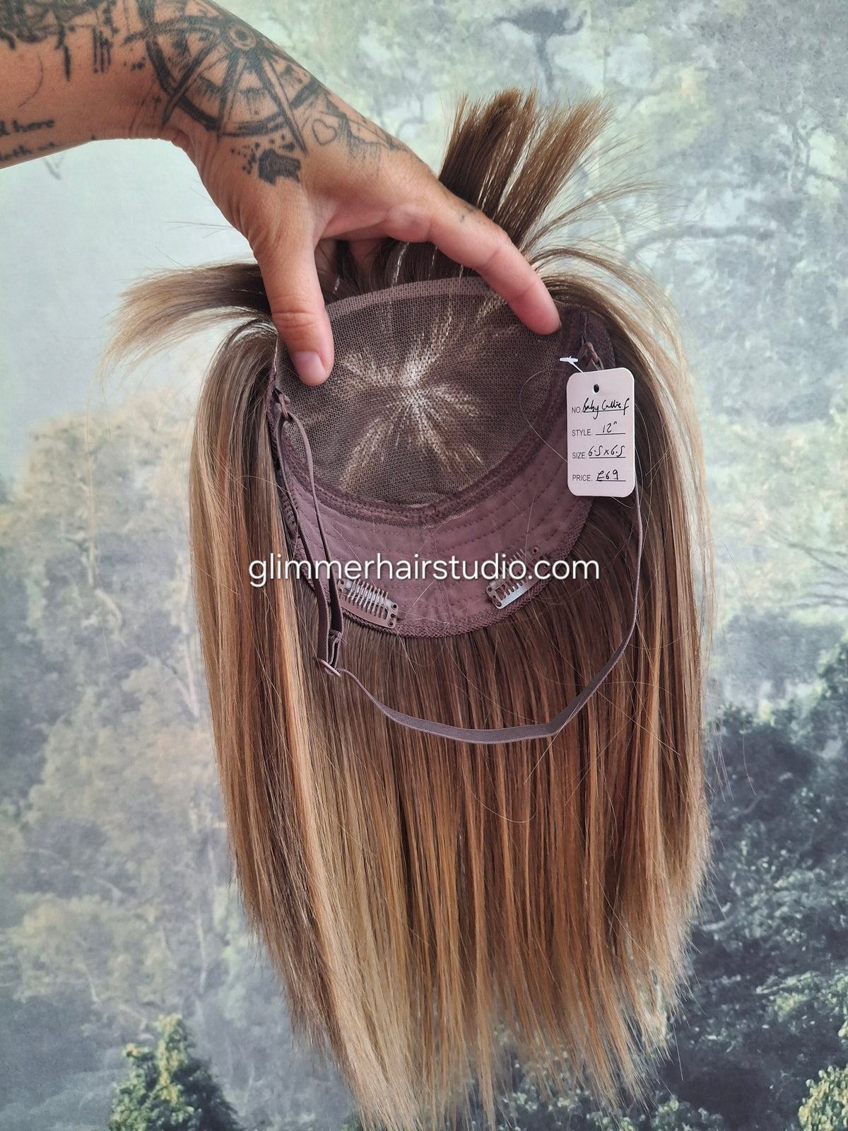 Baby Callie Fibre topper, lace closure with weft, large size, full coverage, honey balayage with fringe, 12 inches long