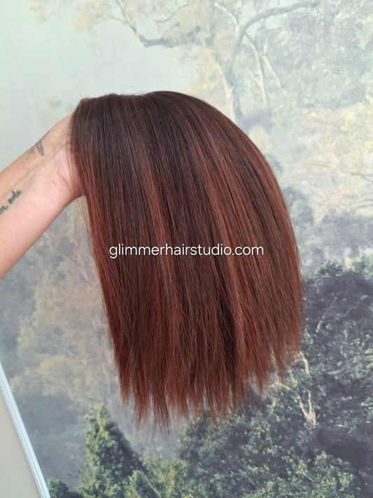 Baby Callie Fibre topper, lace closure with weft, large size, full coverage, auburn brown, 12 inches long