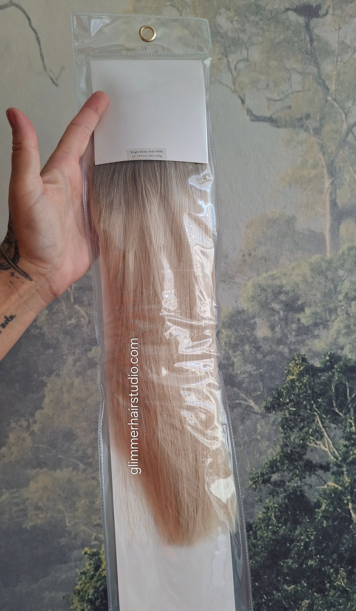 Butterfly weft, human remy hair, 100g double drawn, lightest blonde with shadow root, 14 inches long