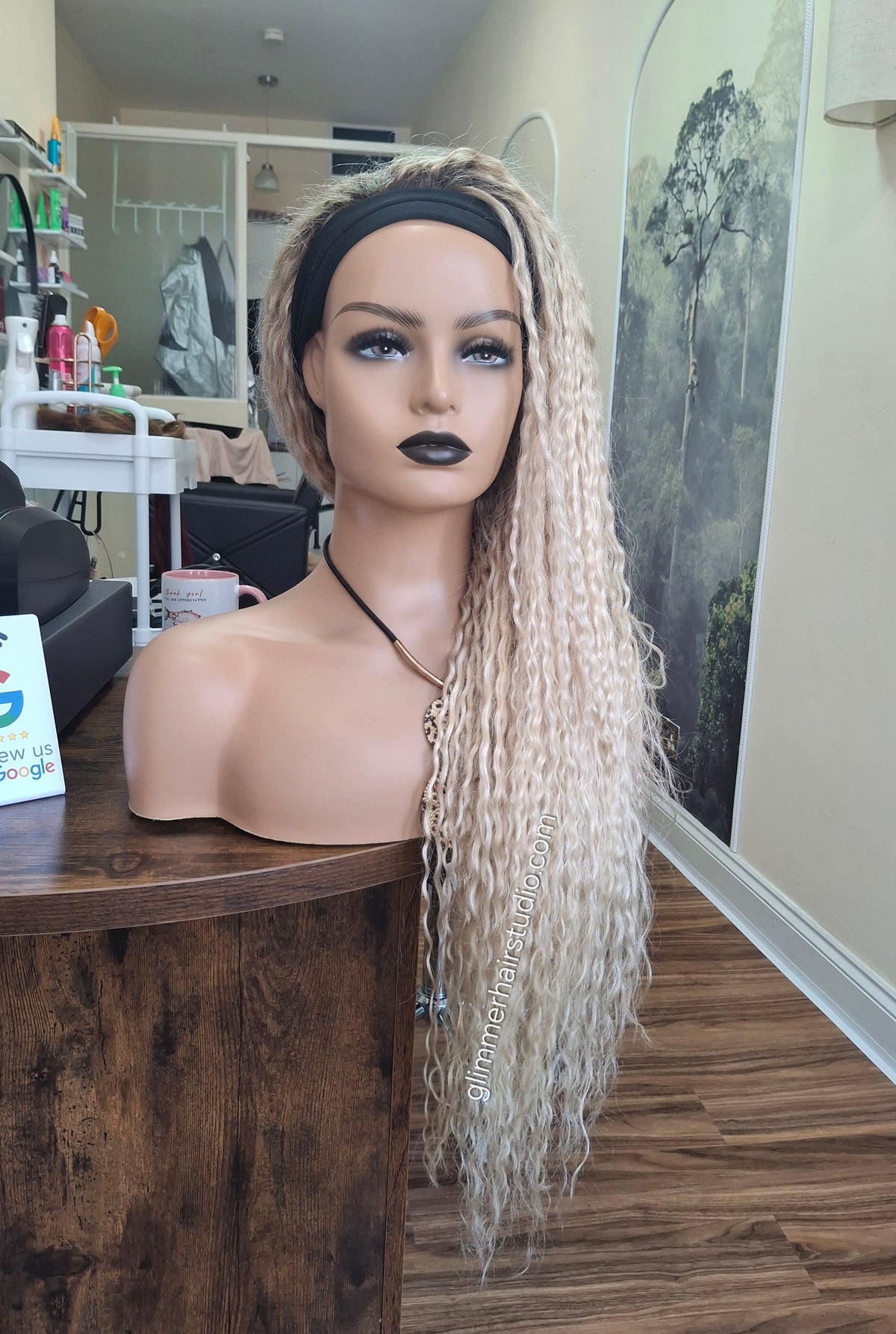 Vibe Headband wig, 100% human hair, lightest blonde, root, water wave texture, 24 inches long
