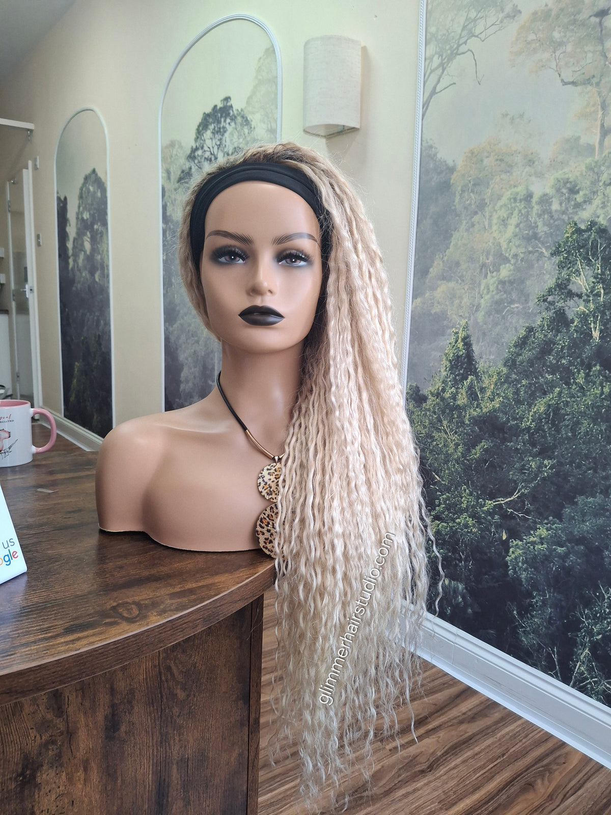 Vibe Headband wig, 100% human hair, lightest blonde, root, water wave texture, 24 inches long