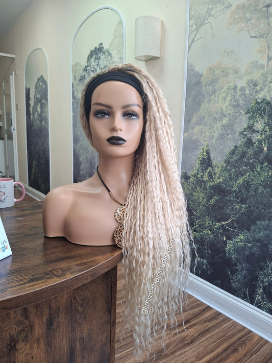 Vibe Headband wig, 100% human hair, lightest blonde, root, water wave texture, 24 inches long