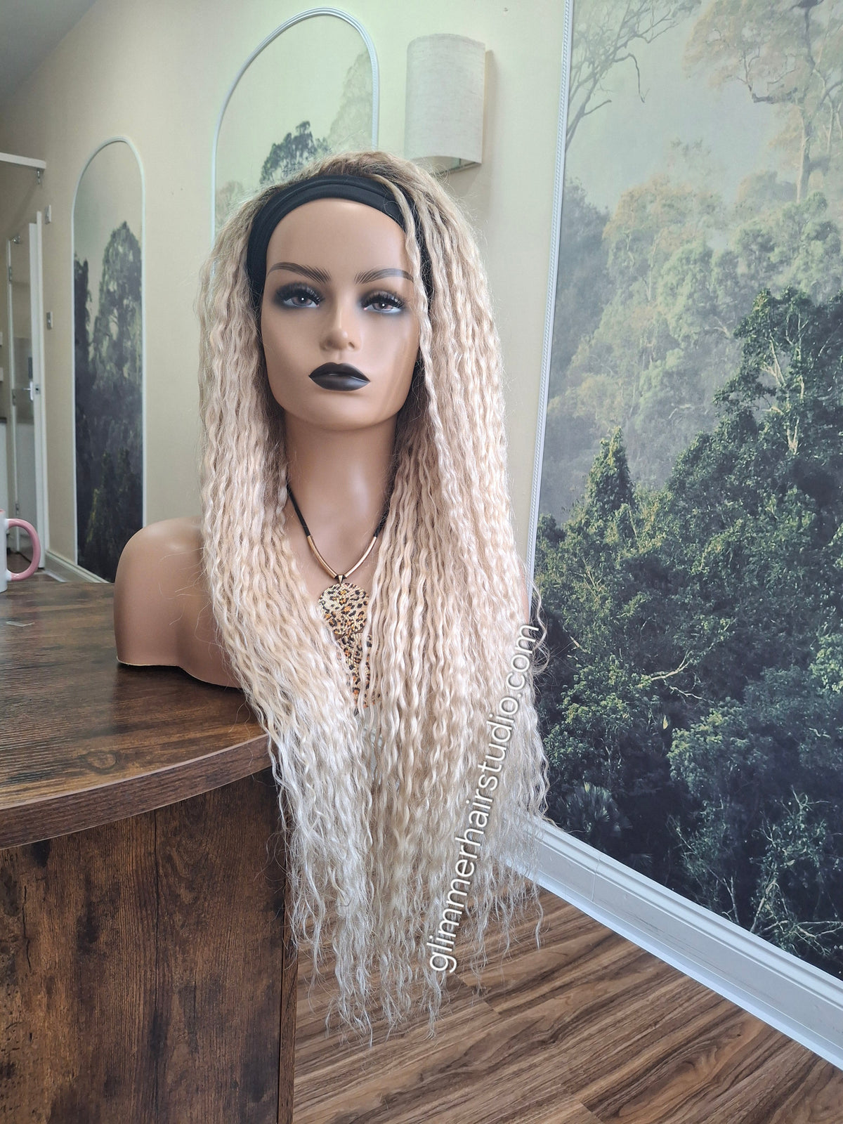 Vibe Headband wig, 100% human hair, lightest blonde, root, water wave texture, 24 inches long