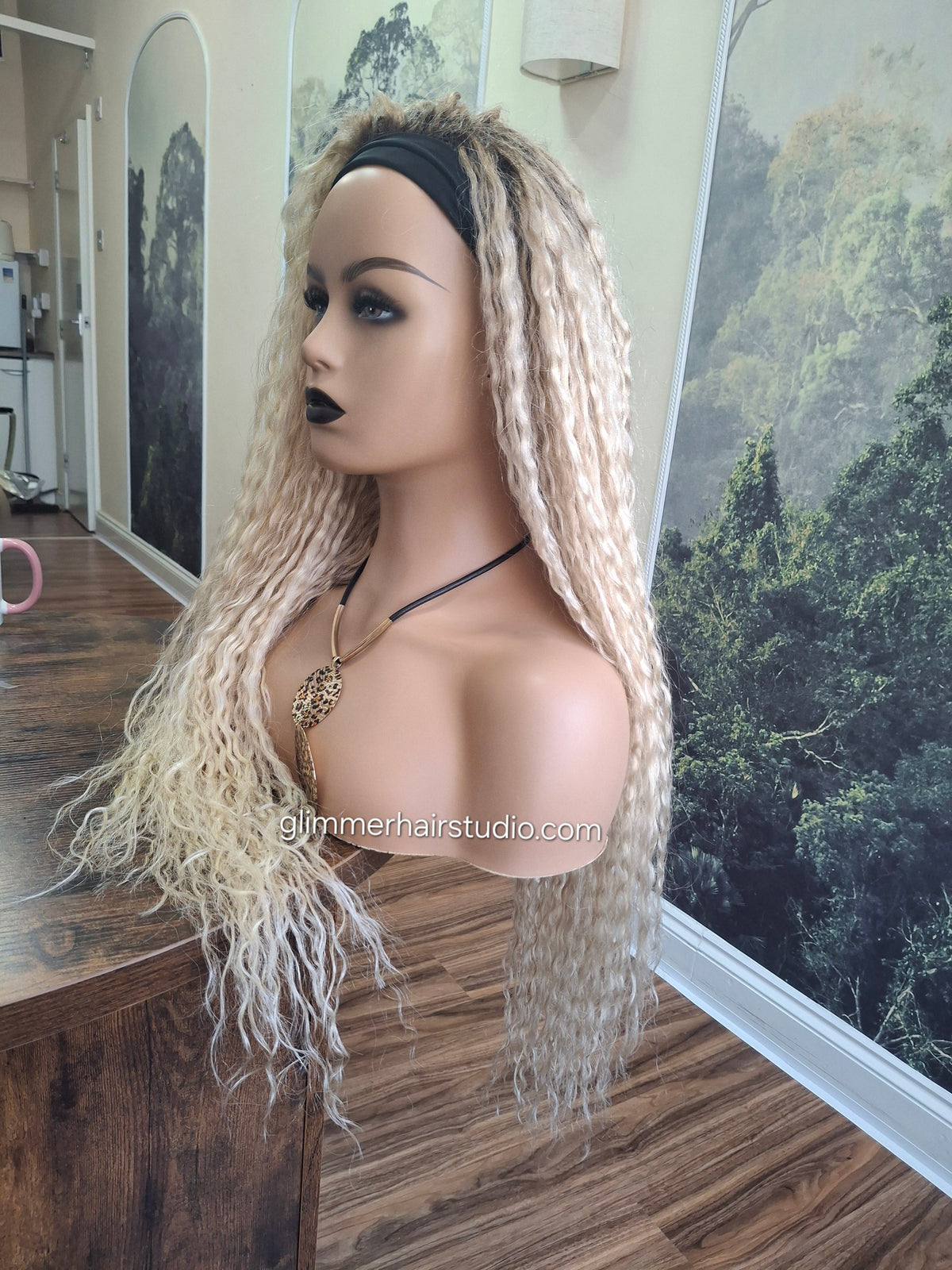 Vibe Headband wig, 100% human hair, lightest blonde, root, water wave texture, 24 inches long