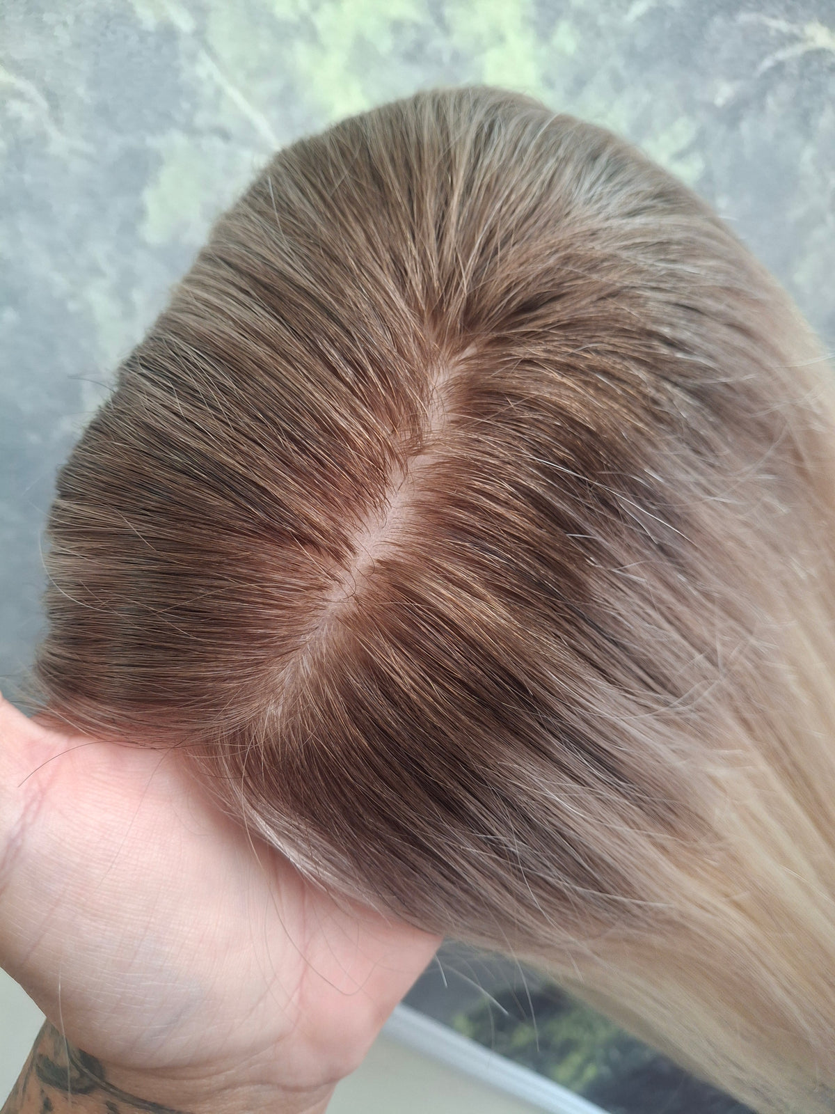 Mila quality human hair topper, full silk base, handmade, 18 inches long, #18/60 ashes and dust