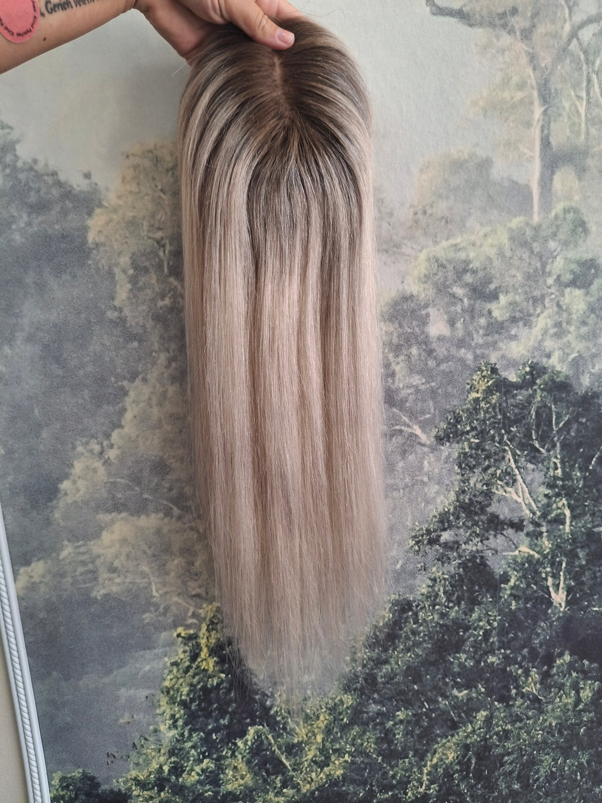 Mila quality human hair topper, full silk base, handmade, 18 inches long, #18/60 ashes and dust