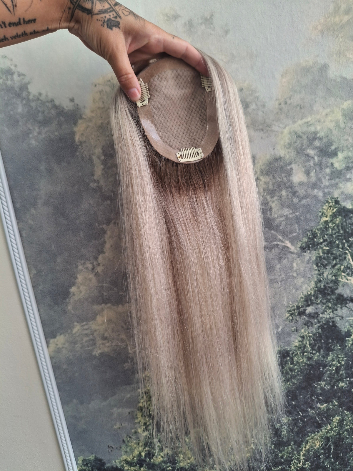 Mila quality human hair topper, full silk base, handmade, 18 inches long, #18/60 ashes and dust