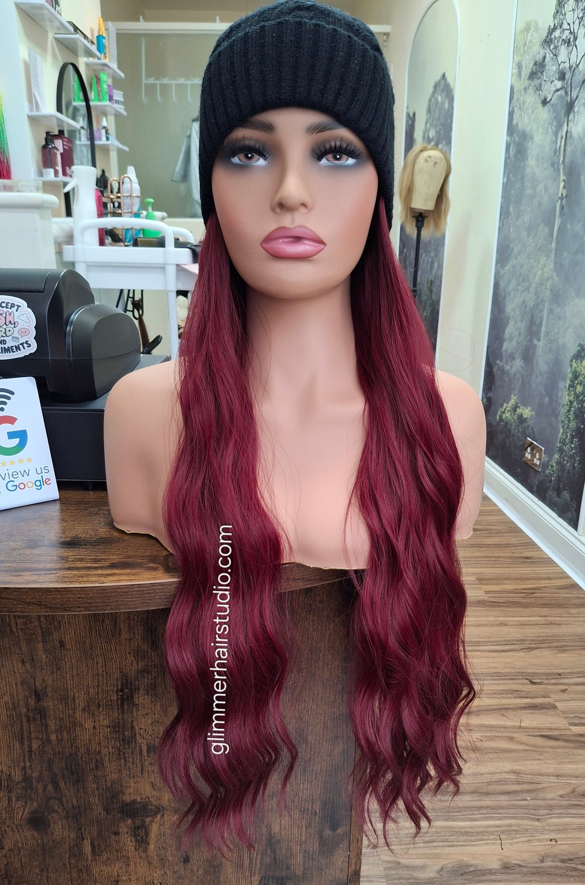 Hat wigs, autumn/winter edition, 24 inches long, wavy, Very Berry