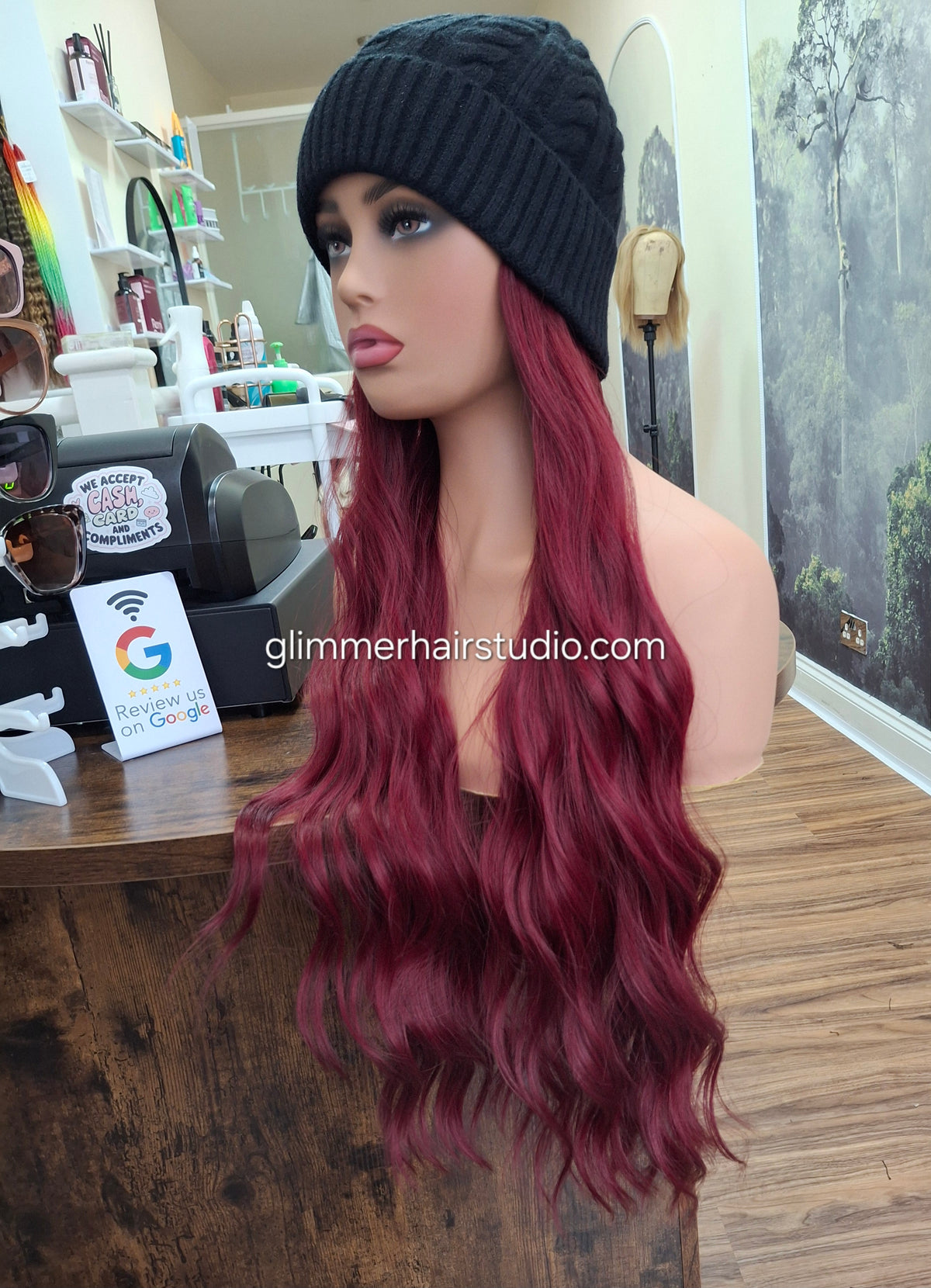 Hat wigs, autumn/winter edition, 24 inches long, wavy, Very Berry