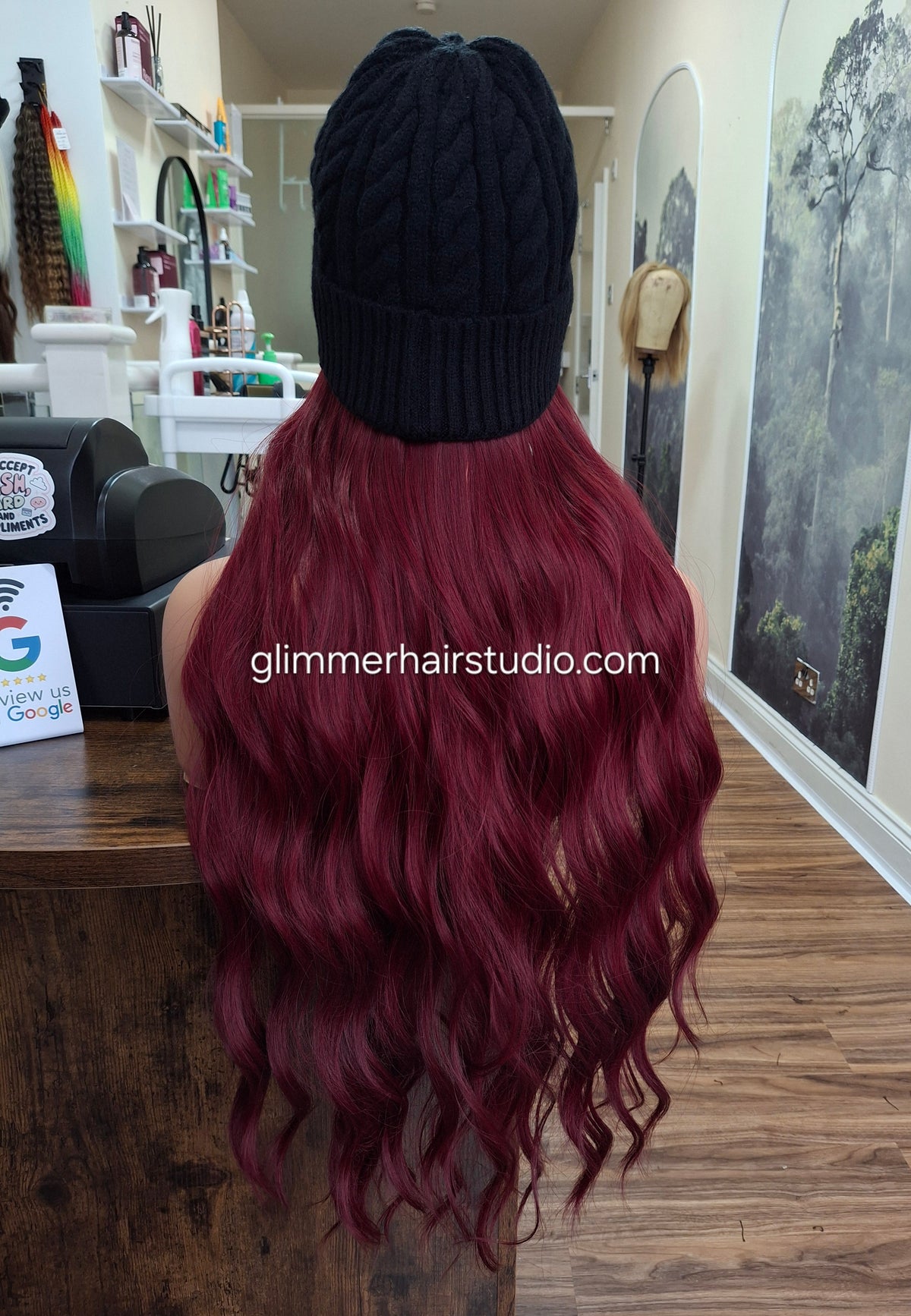 Hat wigs, autumn/winter edition, 24 inches long, wavy, Very Berry