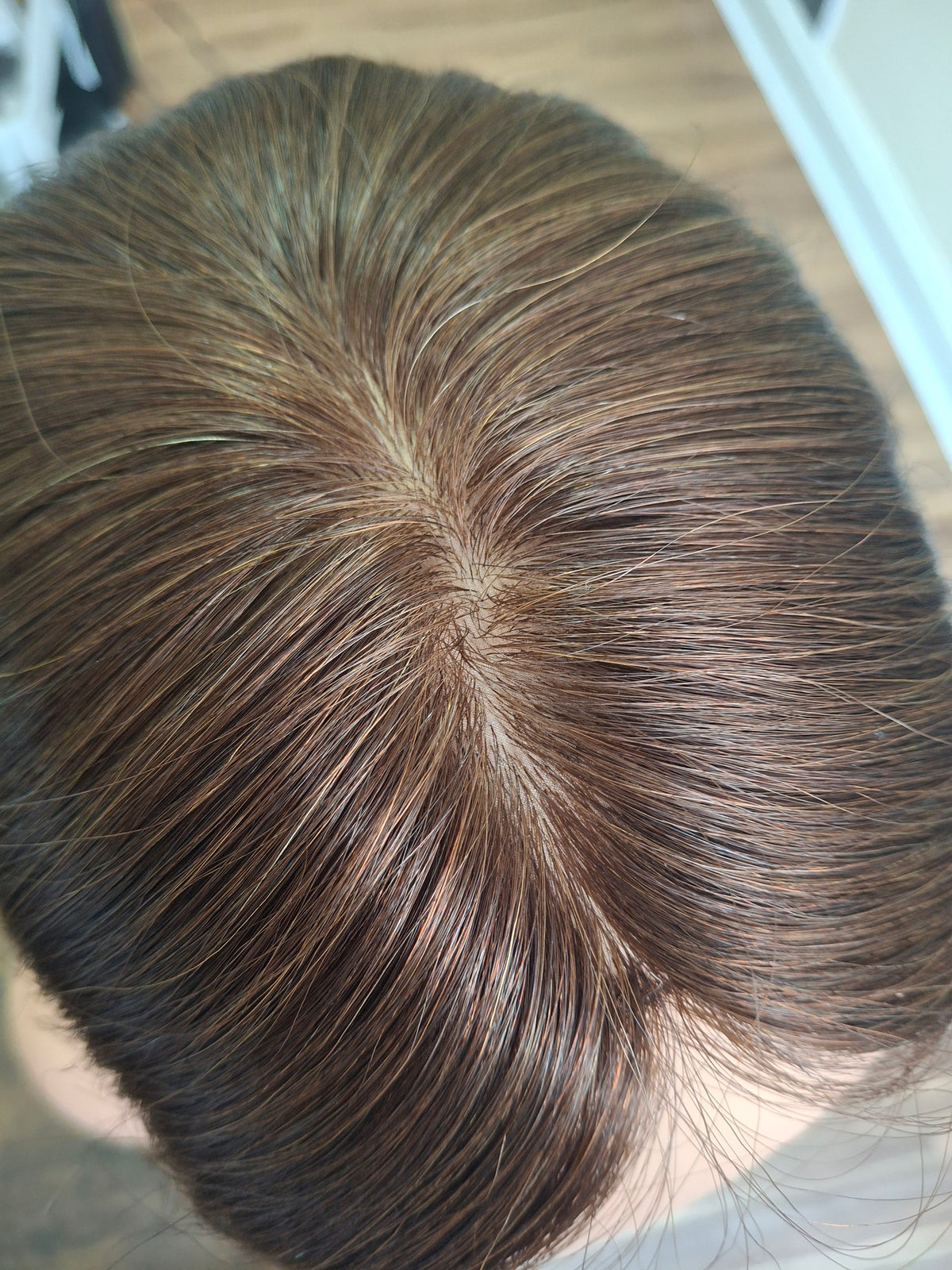 Elle topper, full silk base with scalp effect, parting coverage, darkest brown, 16 inches long