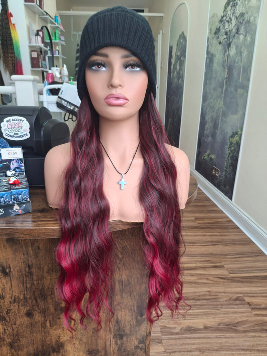 Hat wigs, autumn/winter edition, 24 inches long, wavy, Berry and Bright