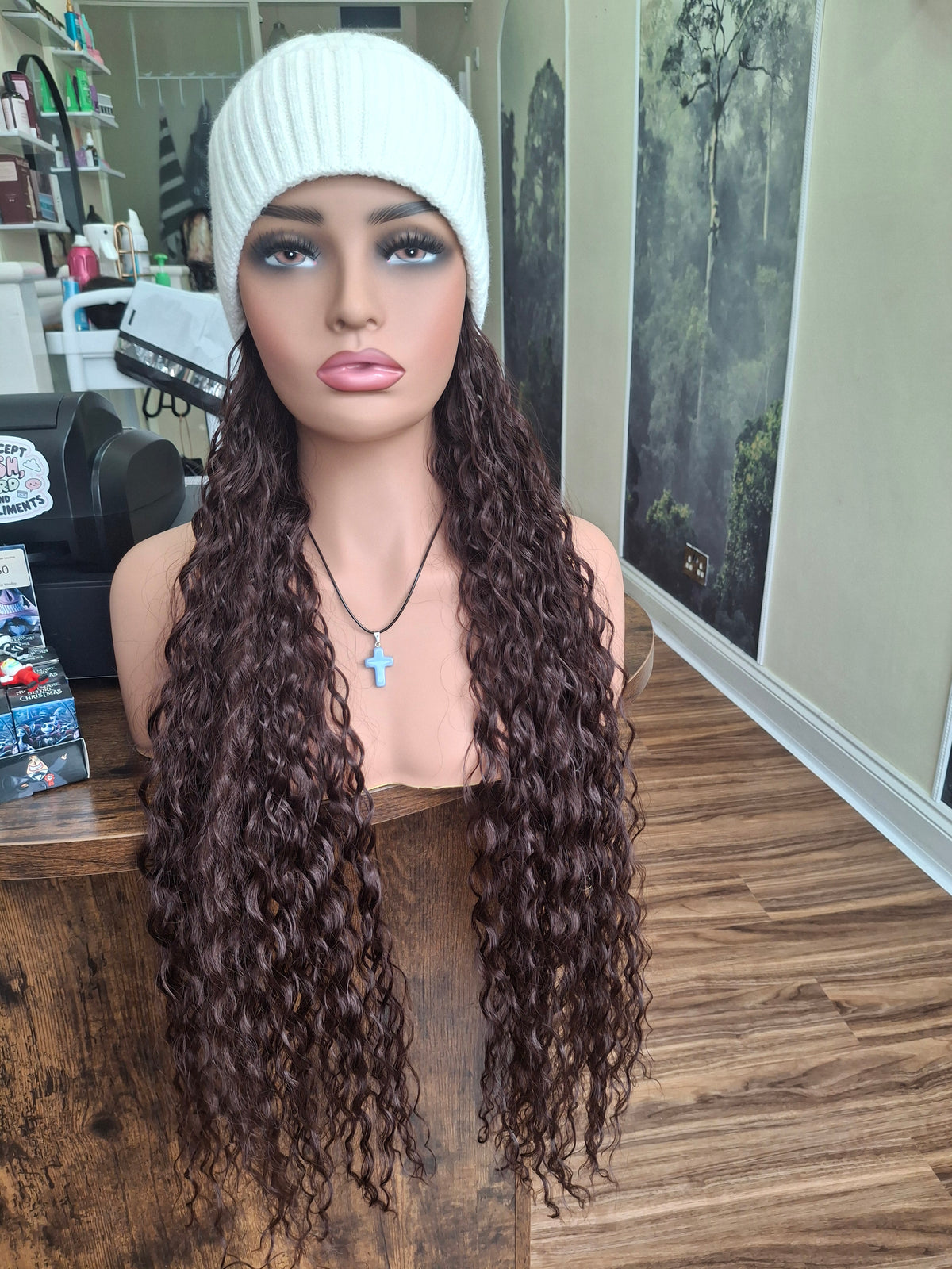 Hat wigs, autumn/winter edition, 28 inches long, deep wavy, Reddish brown