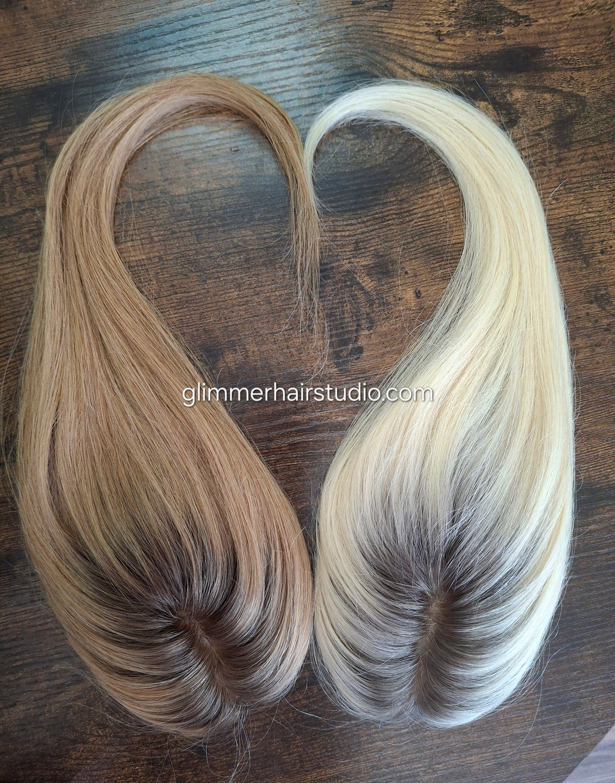 Teeny topper, strawberry blonde with root, silk base human hair booster, 14 inches long