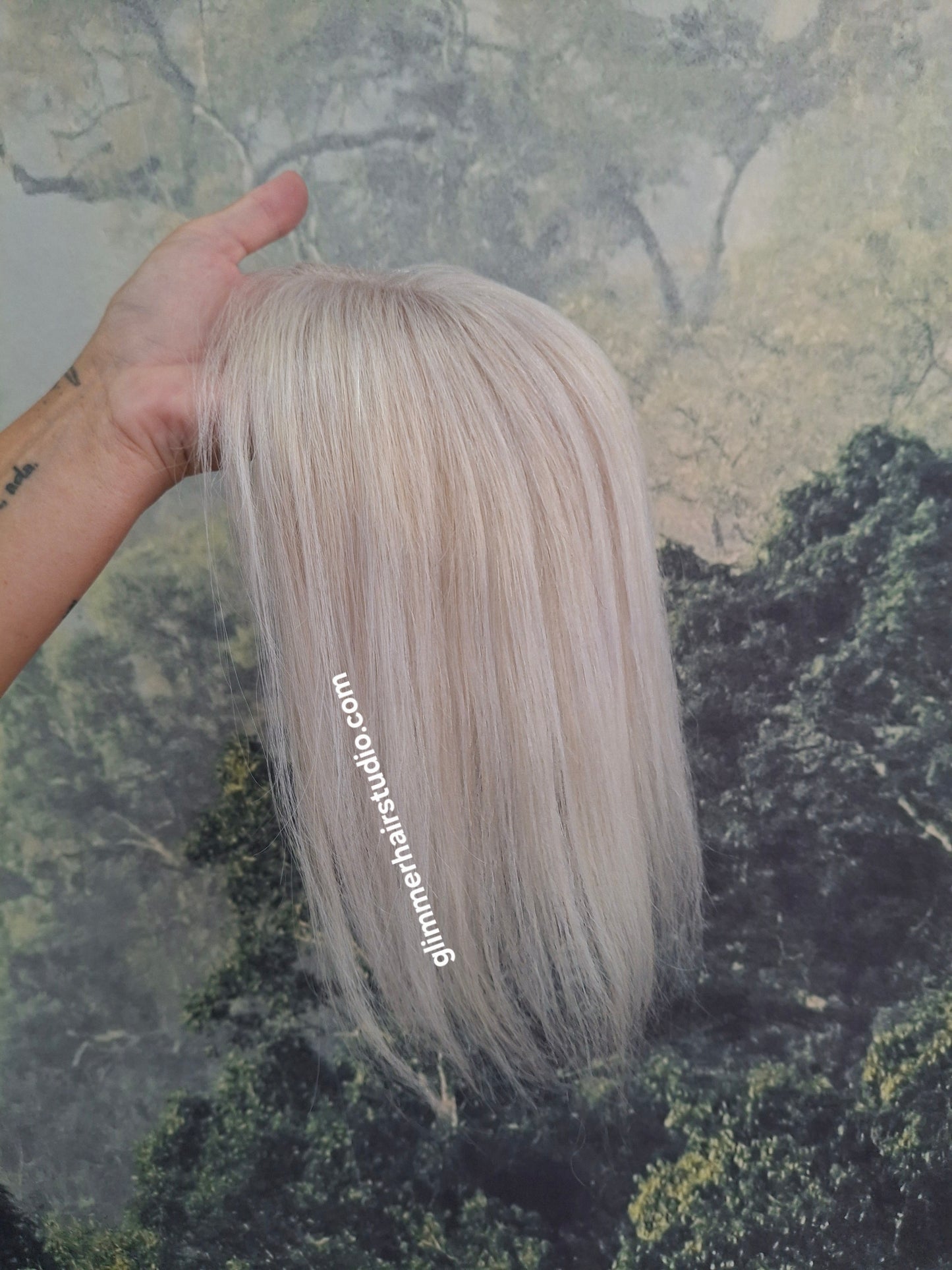 Betty lace and weft base human hair topper, small, lightweight, pearl blonde
