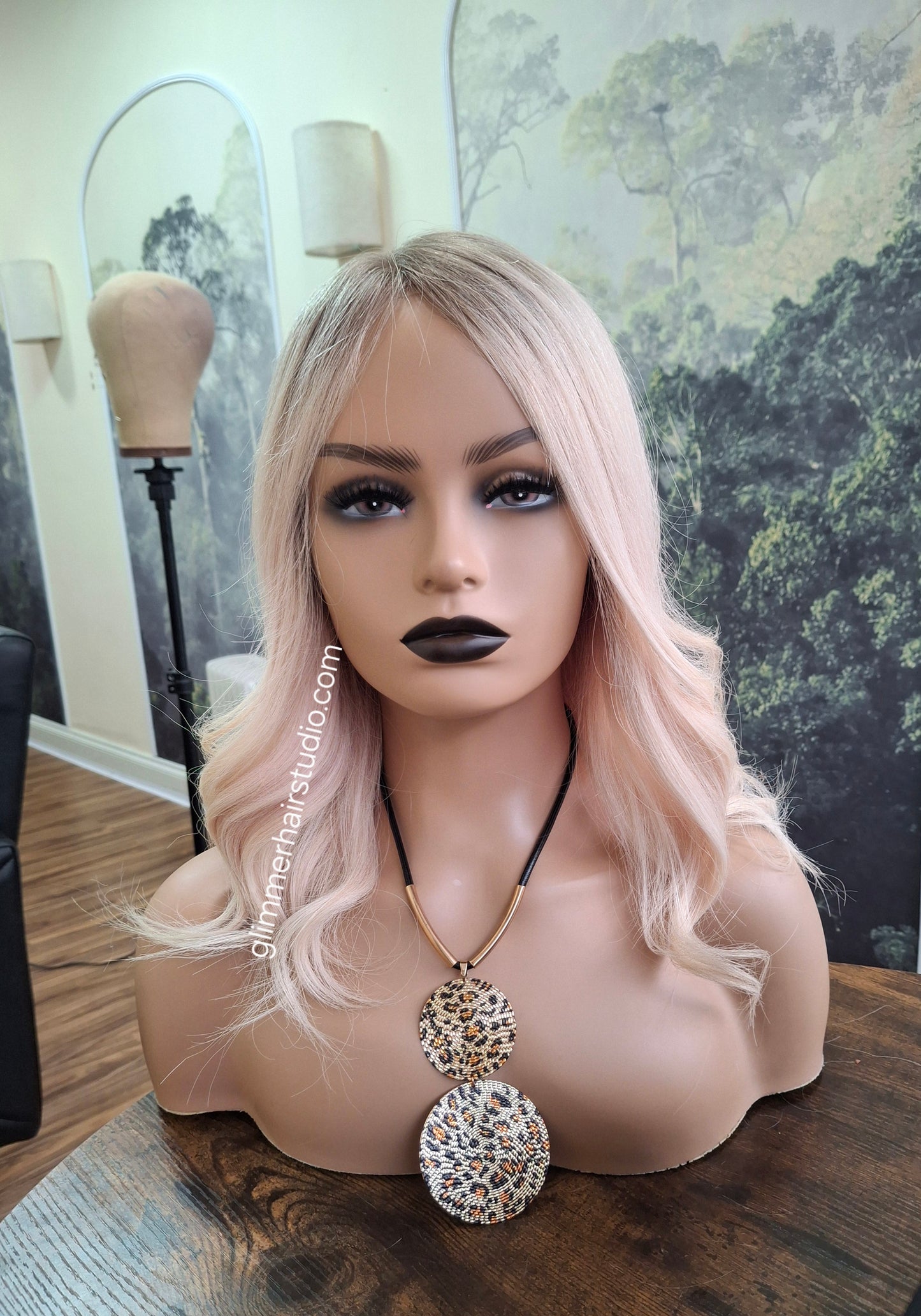 Lila human hair lace and silk wig, light blonde with shadow root, medium