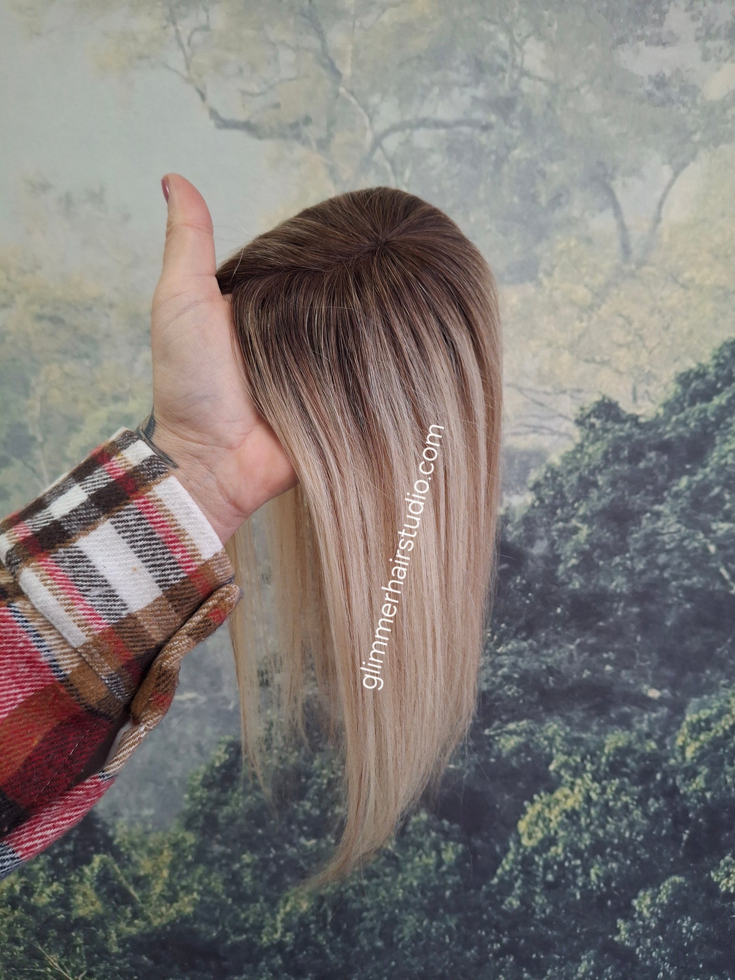 Betty lace and weft base human hair topper, small, lightweight, cookies and cream with root