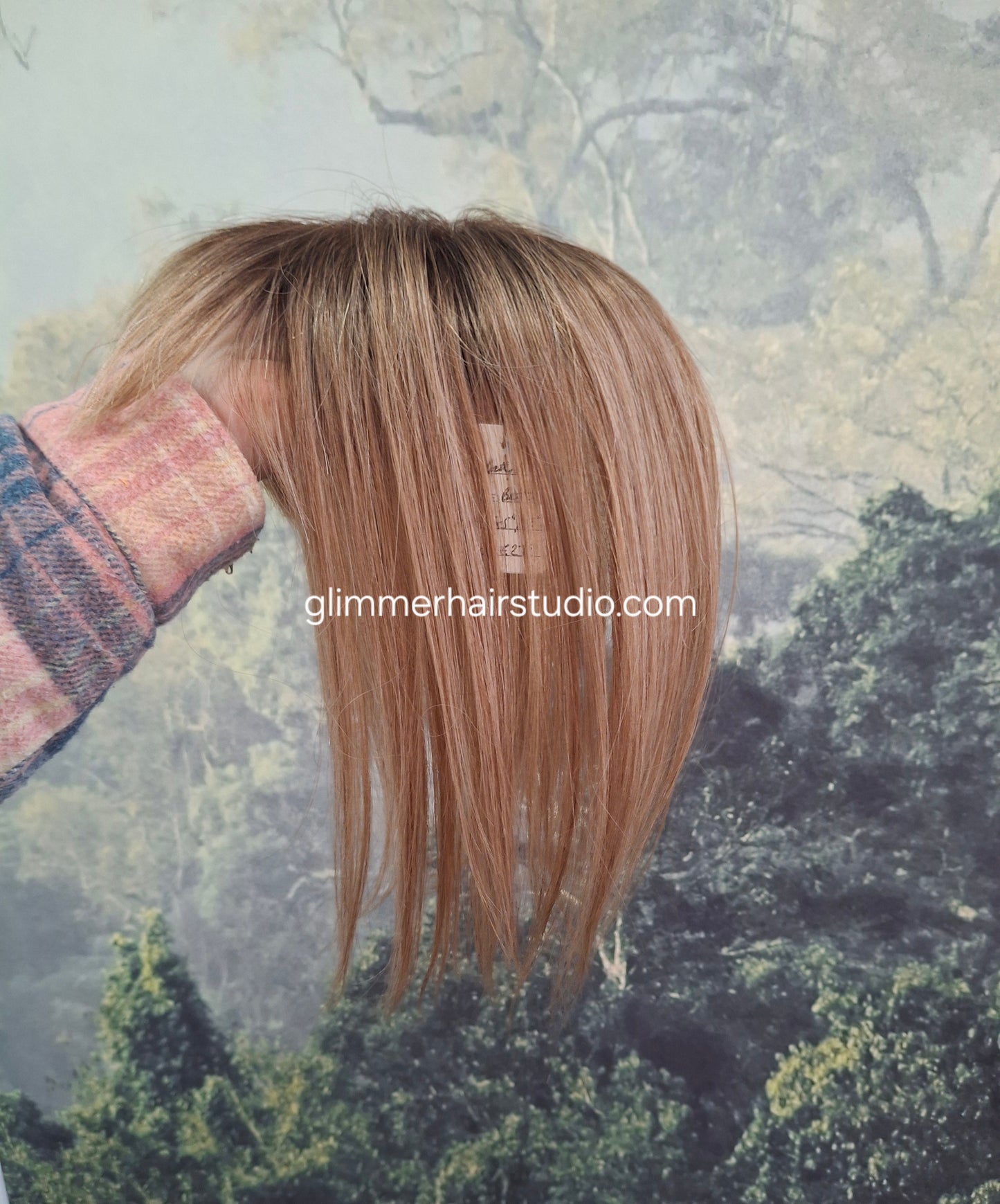 Betty lace and weft base human hair topper, small, lightweight, dark blonde with root, fringe, bangs