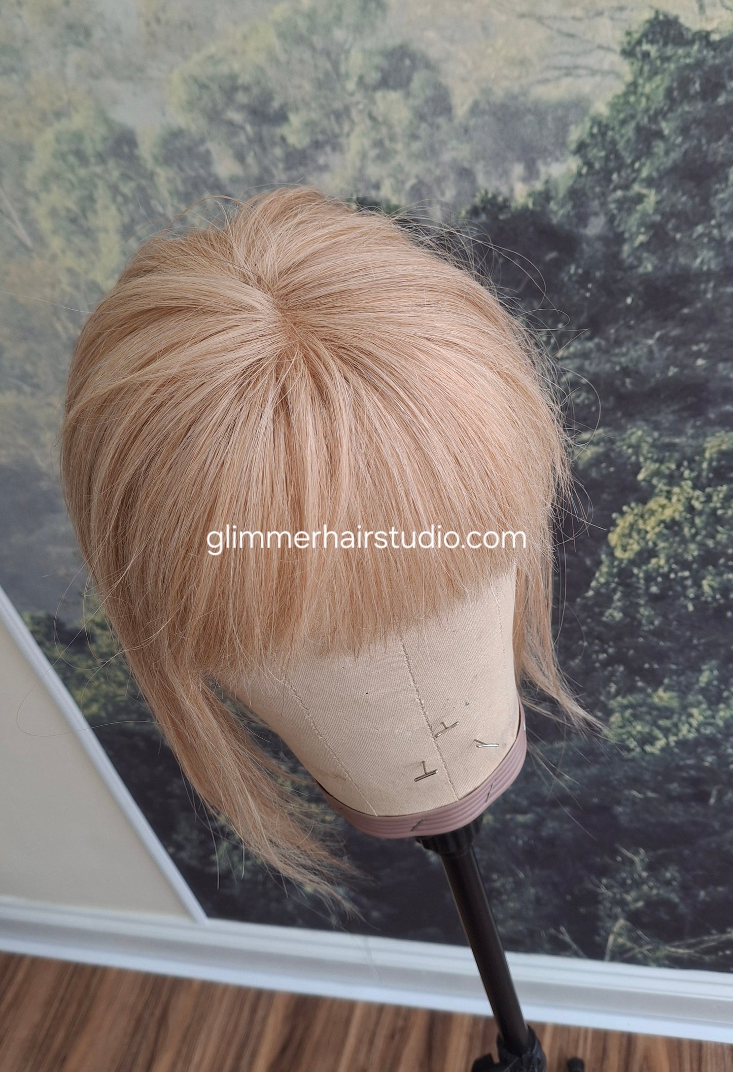Betty lace and weft base human hair topper, small, lightweight, champagne blonde, fringe, bangs