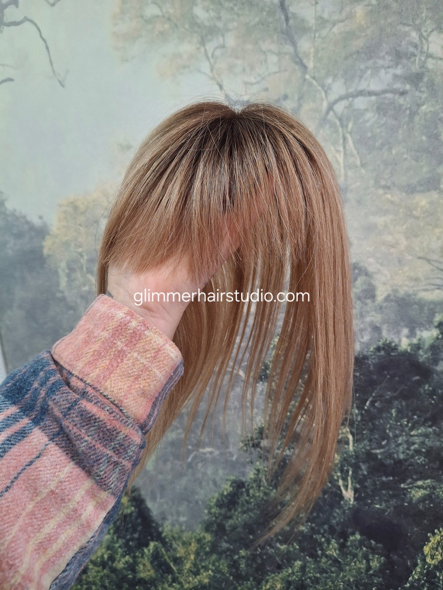 Betty lace and weft base human hair topper, small, lightweight, dark blonde with root, fringe, bangs