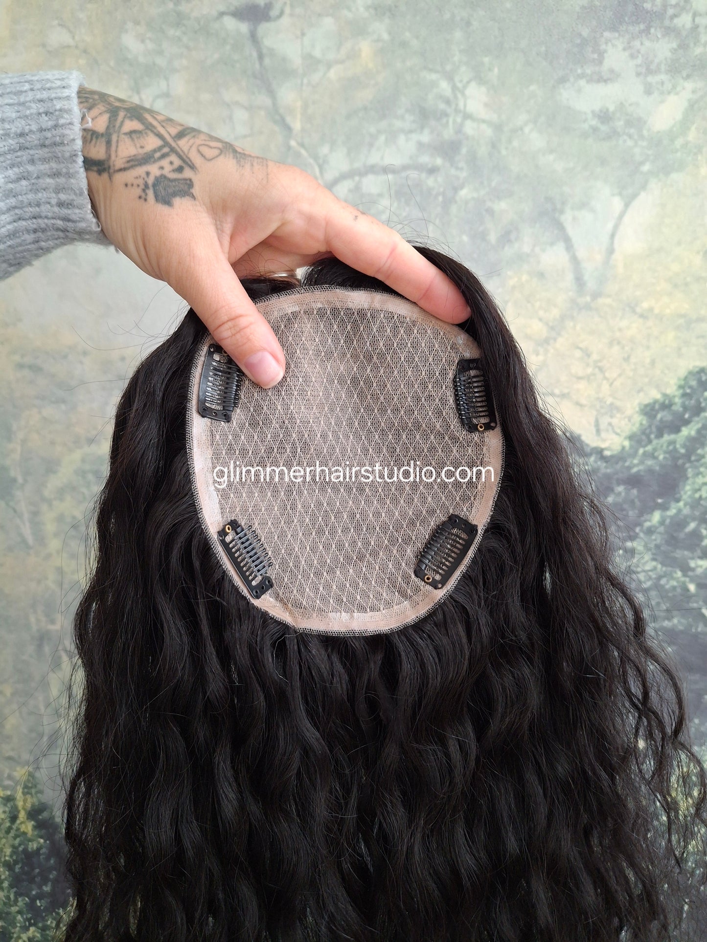 Mila quality human hair topper, full silk base, handmade, 20 inches long, #1b natural black water wave
