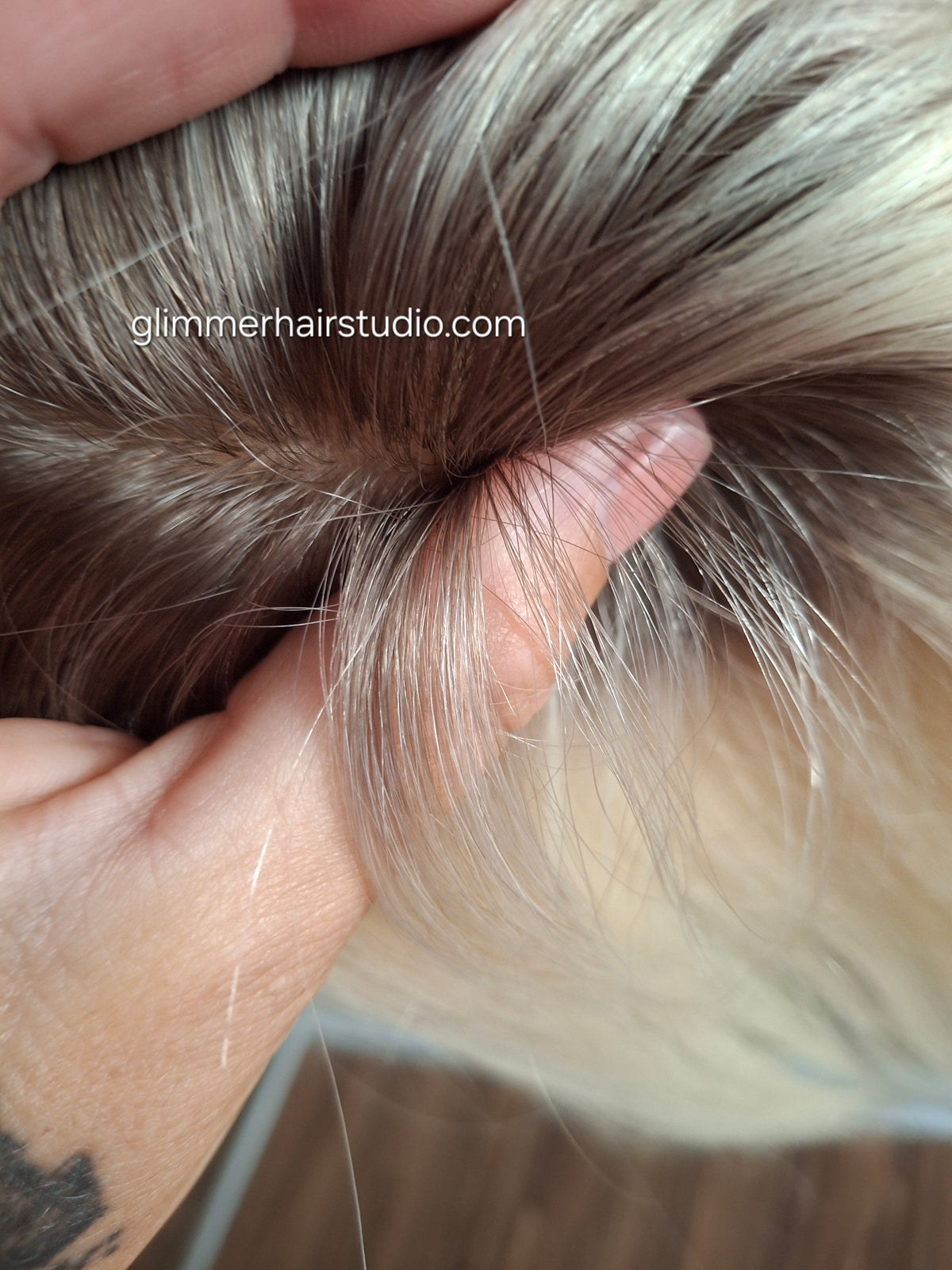 Teeny topper, light rooted blonde silk base human hair booster, 12 inches long