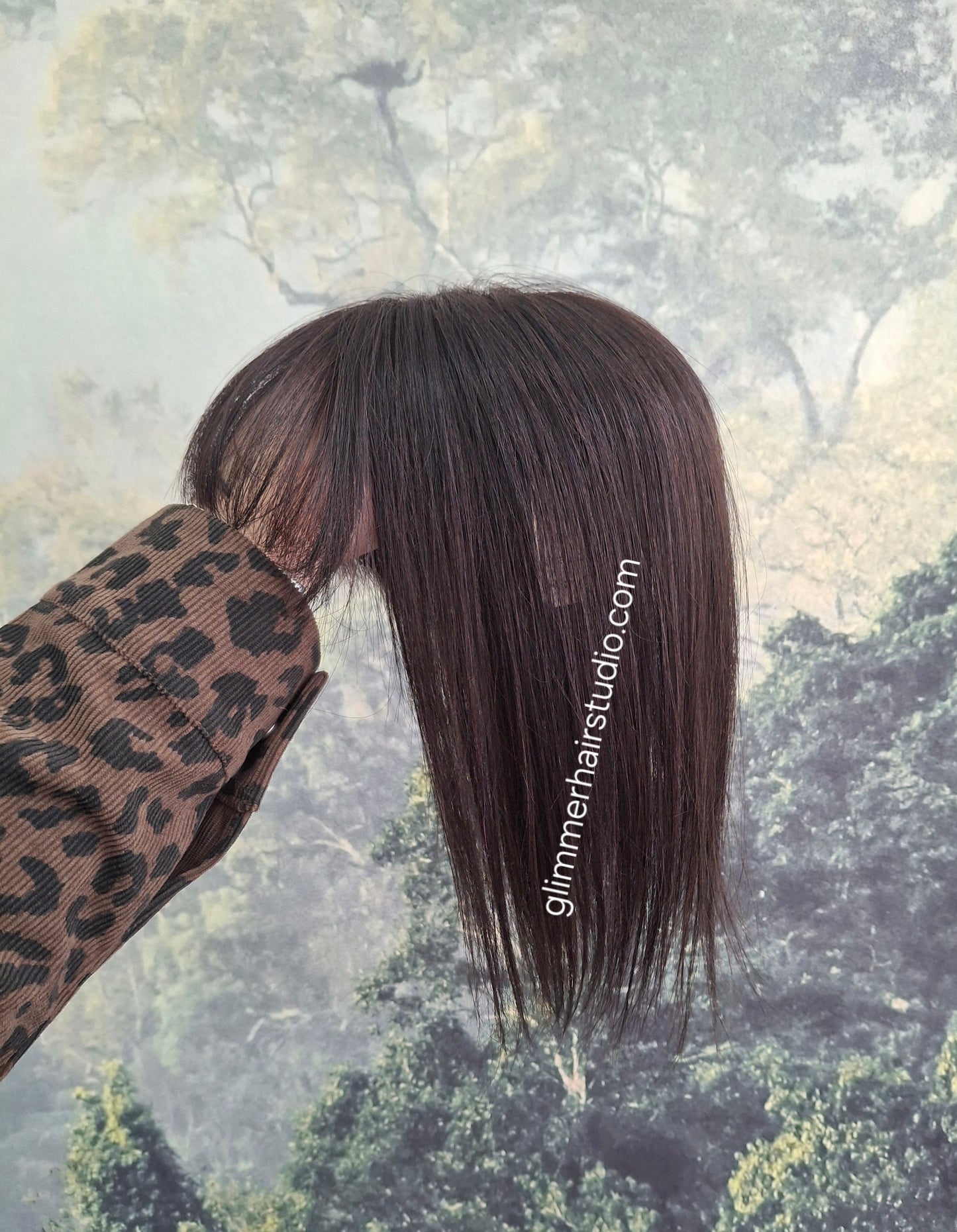 Betty lace and weft base human hair topper, small, lightweight, soft black, fringe, bangs