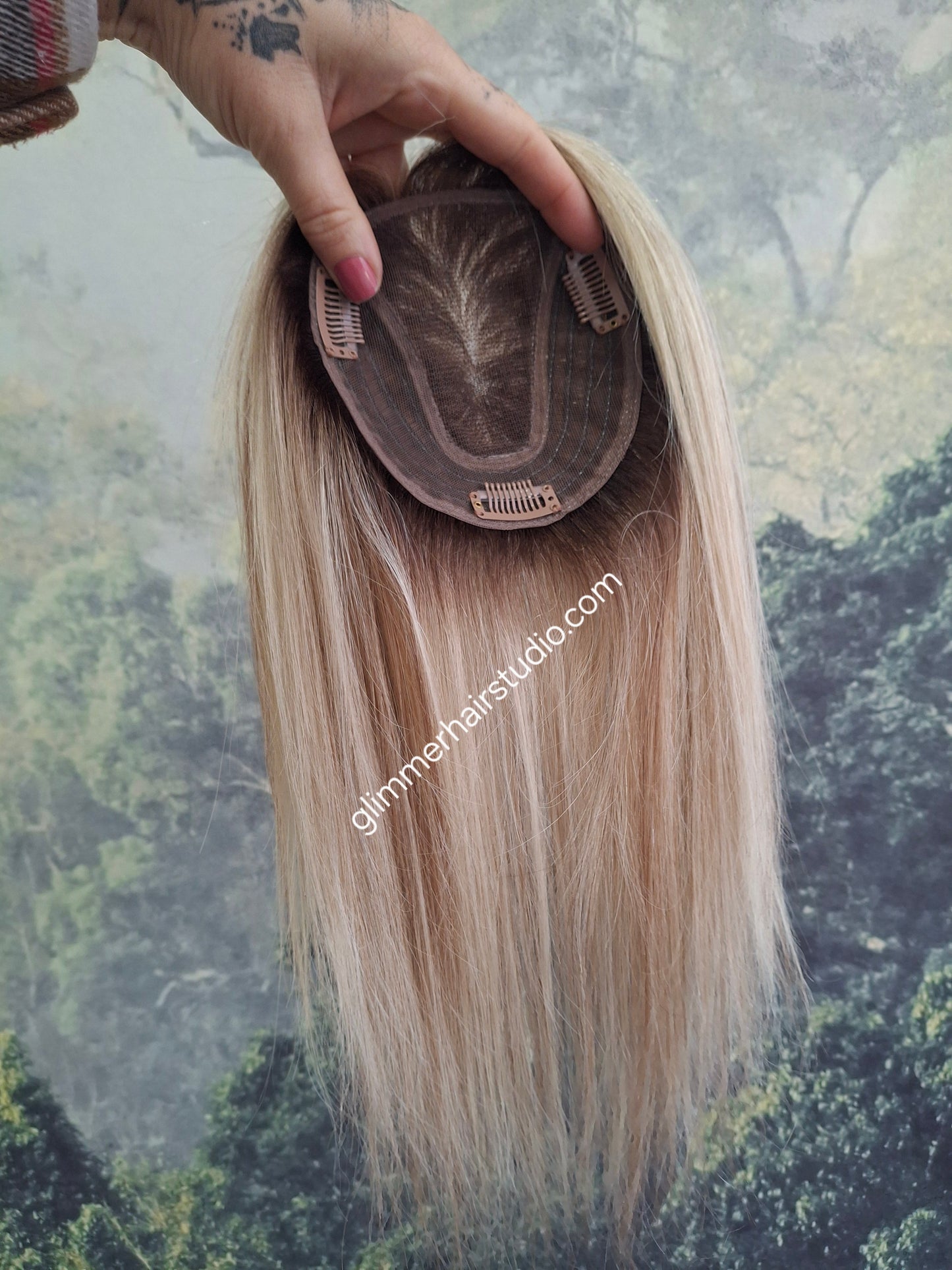 Betty lace and weft base human hair topper, small, lightweight, cookies and cream with root