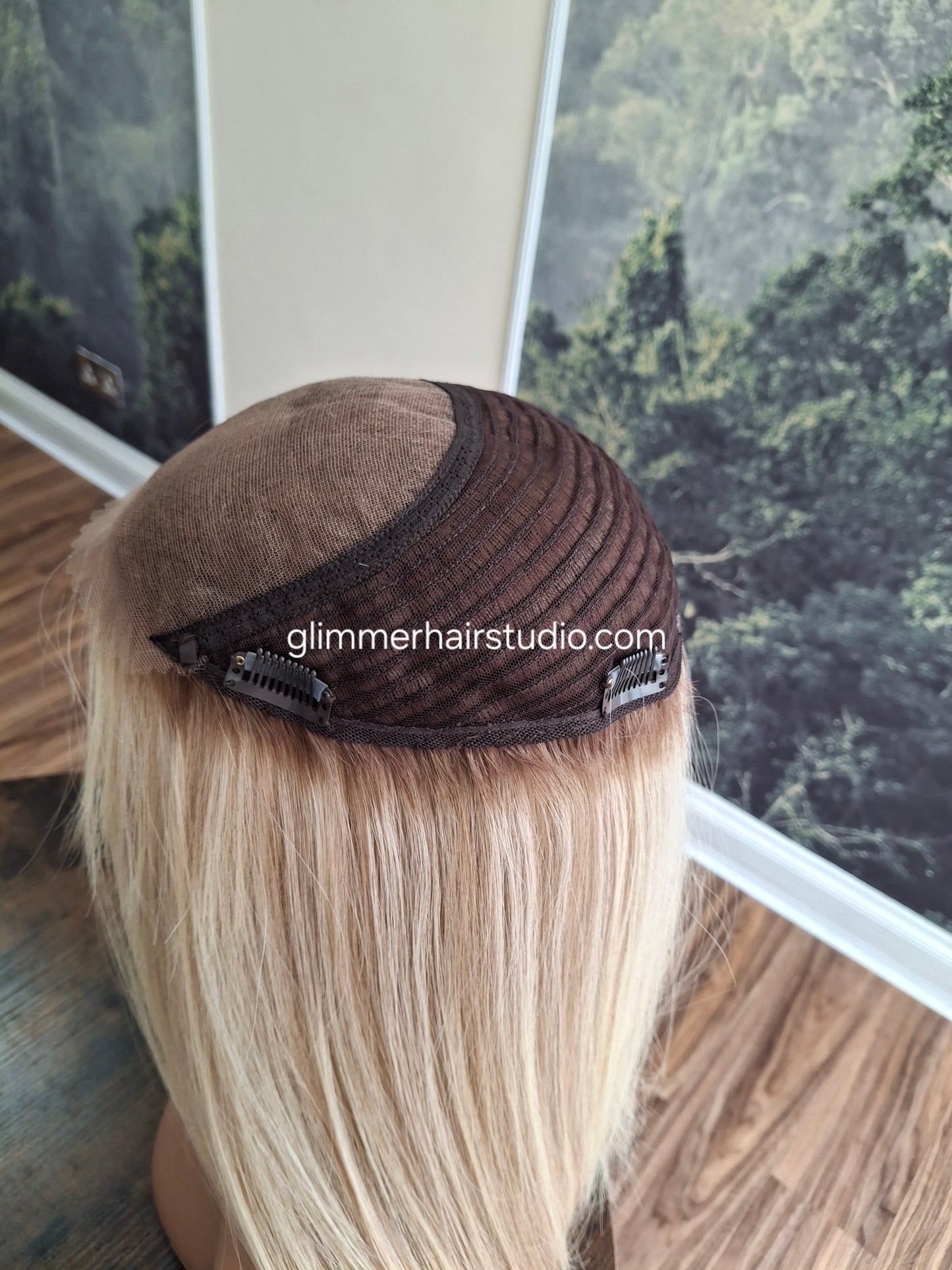 Callie topper, swiss lace closure with weft, large size, full coverage, buttered toast, 14 inches long