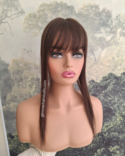 Elle topper, full silk base with scalp effect, parting coverage, Americano, 16 inches long, fringe, bangs