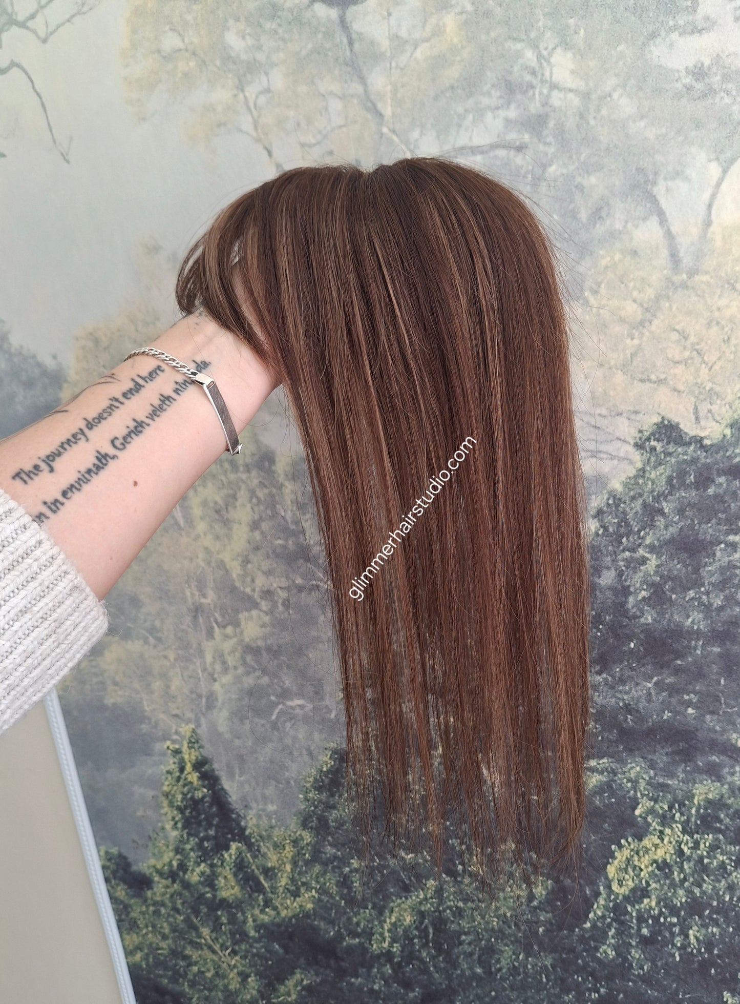 Elle topper, full silk base with scalp effect, parting coverage, spiced Americano, 16 inches long, fringe, bangs