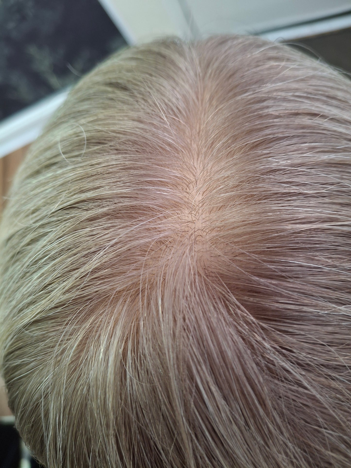 Lila human hair lace and silk wig, light blonde with shadow root, medium