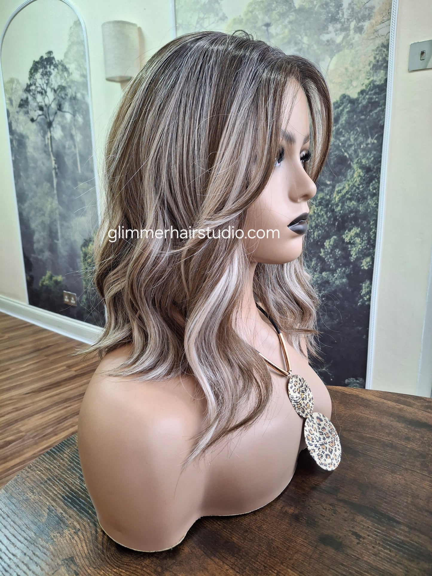 Zoe monofilament top fibre wig, wavy texture, medium adjustable cap, coffee and cream