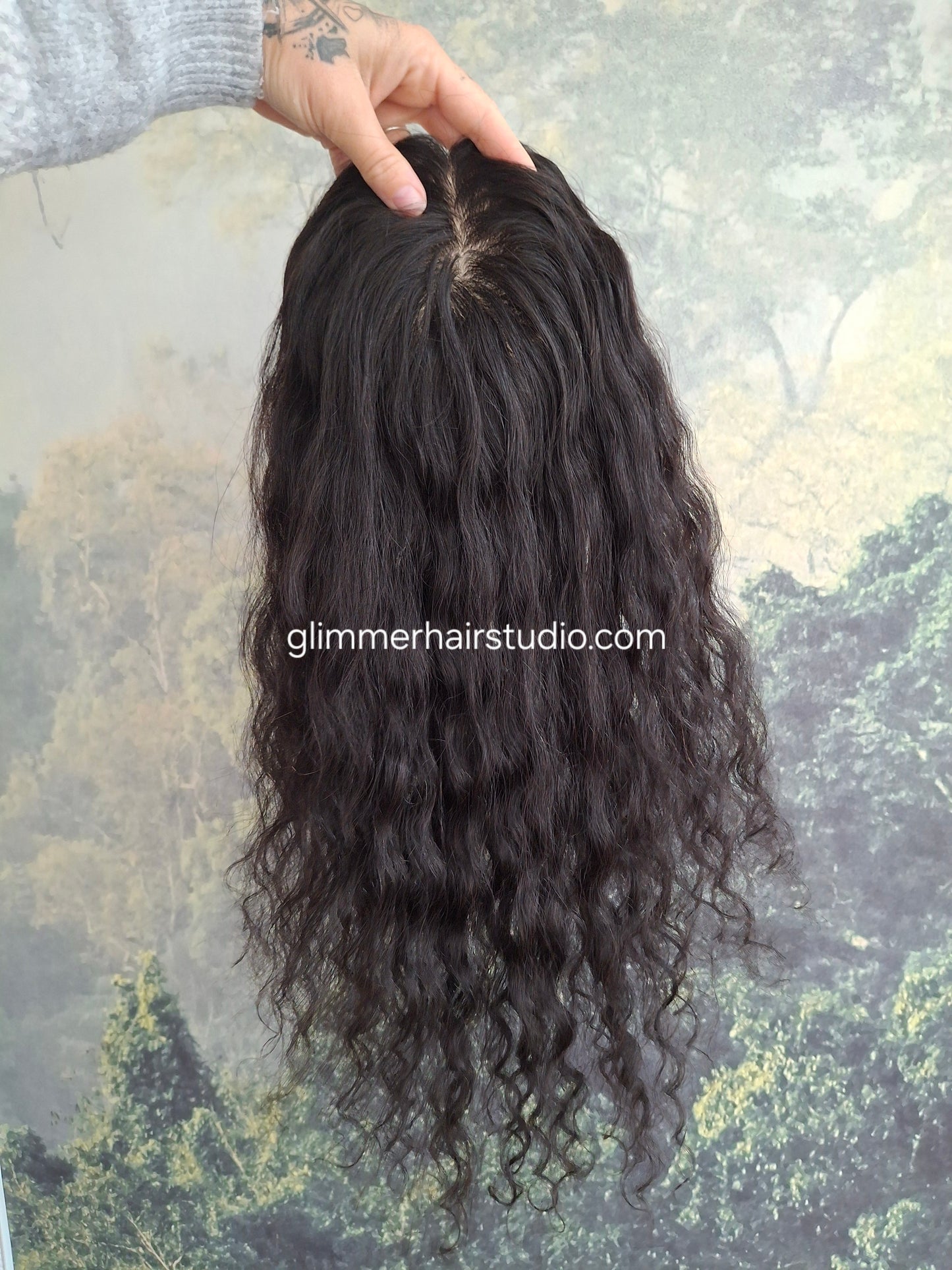 Mila quality human hair topper, full silk base, handmade, 20 inches long, #1b natural black water wave