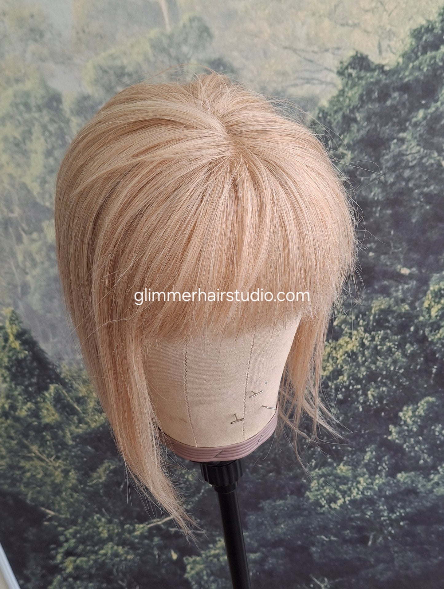 Betty lace and weft base human hair topper, small, lightweight, champagne blonde, fringe, bangs