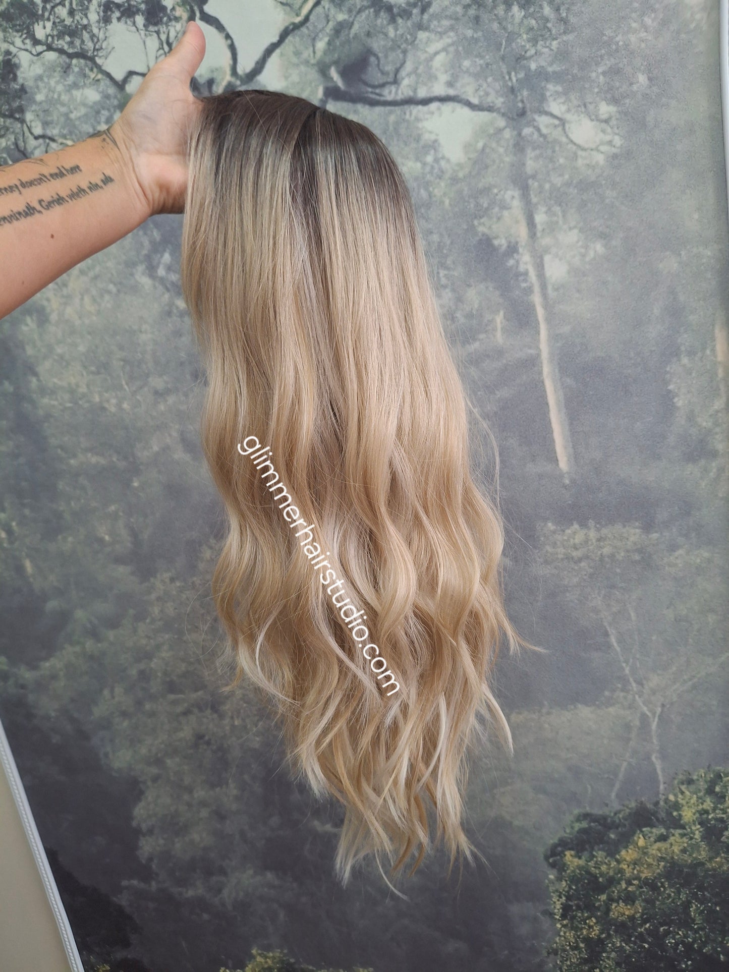 Zoe monofilament top fibre wig, beach wave texture, medium adjustable cap, honeysuckle