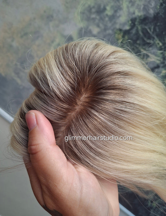 Teeny topper, light rooted blonde silk base human hair booster, 12 inches long