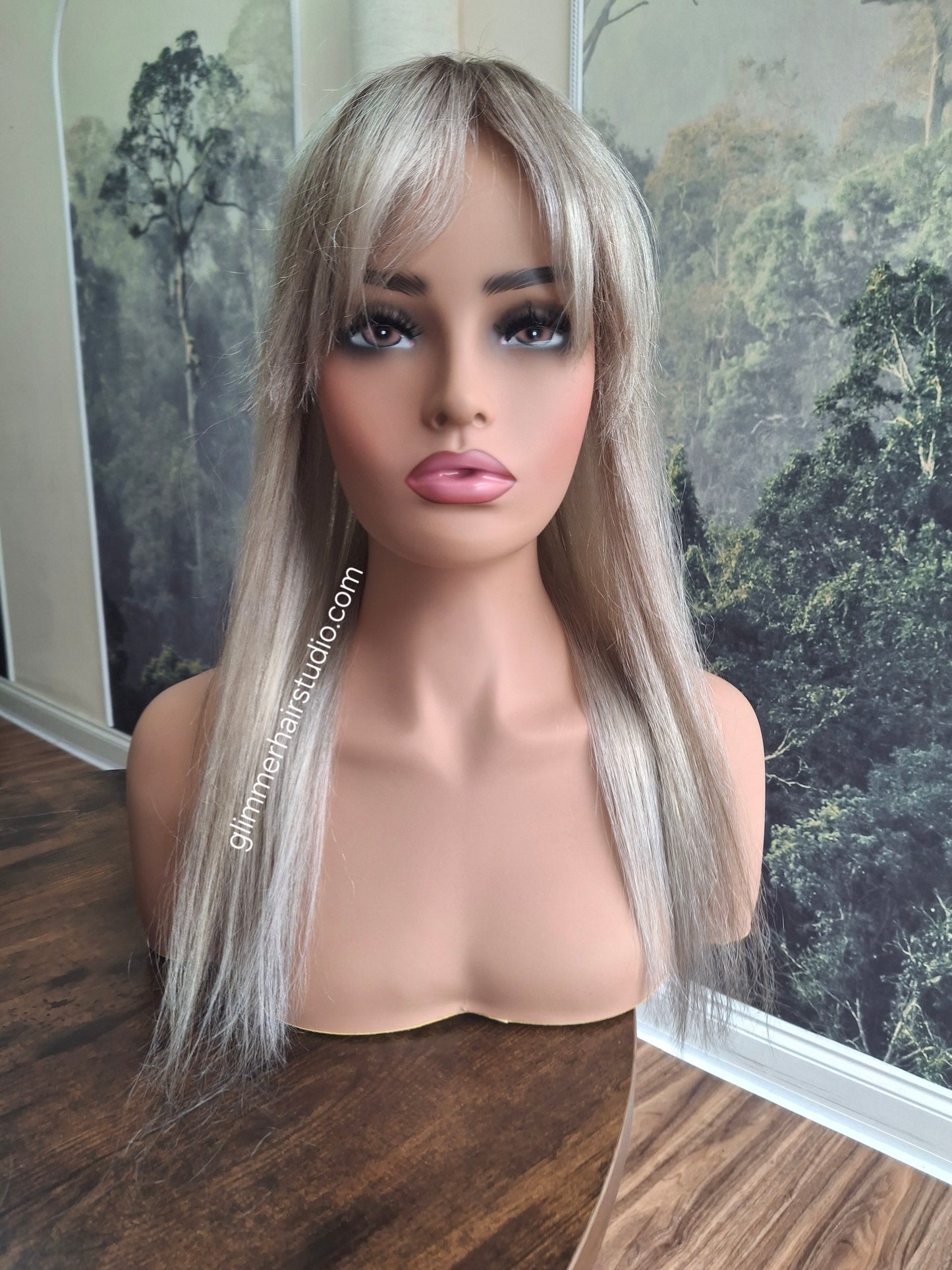 Mila quality human hair topper, full silk base, handmade, 18 inches long, #960- shadows and dust