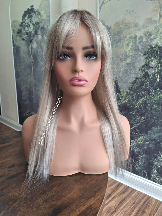 Mila quality human hair topper, full silk base, handmade, 18 inches long, #960- shadows and dust