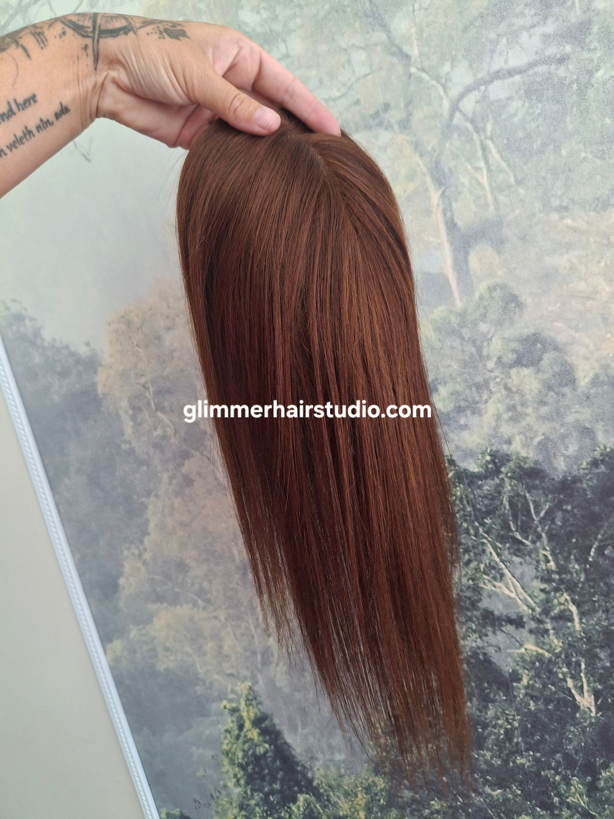 Mila quality human hair topper, full silk base, handmade, 14 inches long, #33 deep auburn