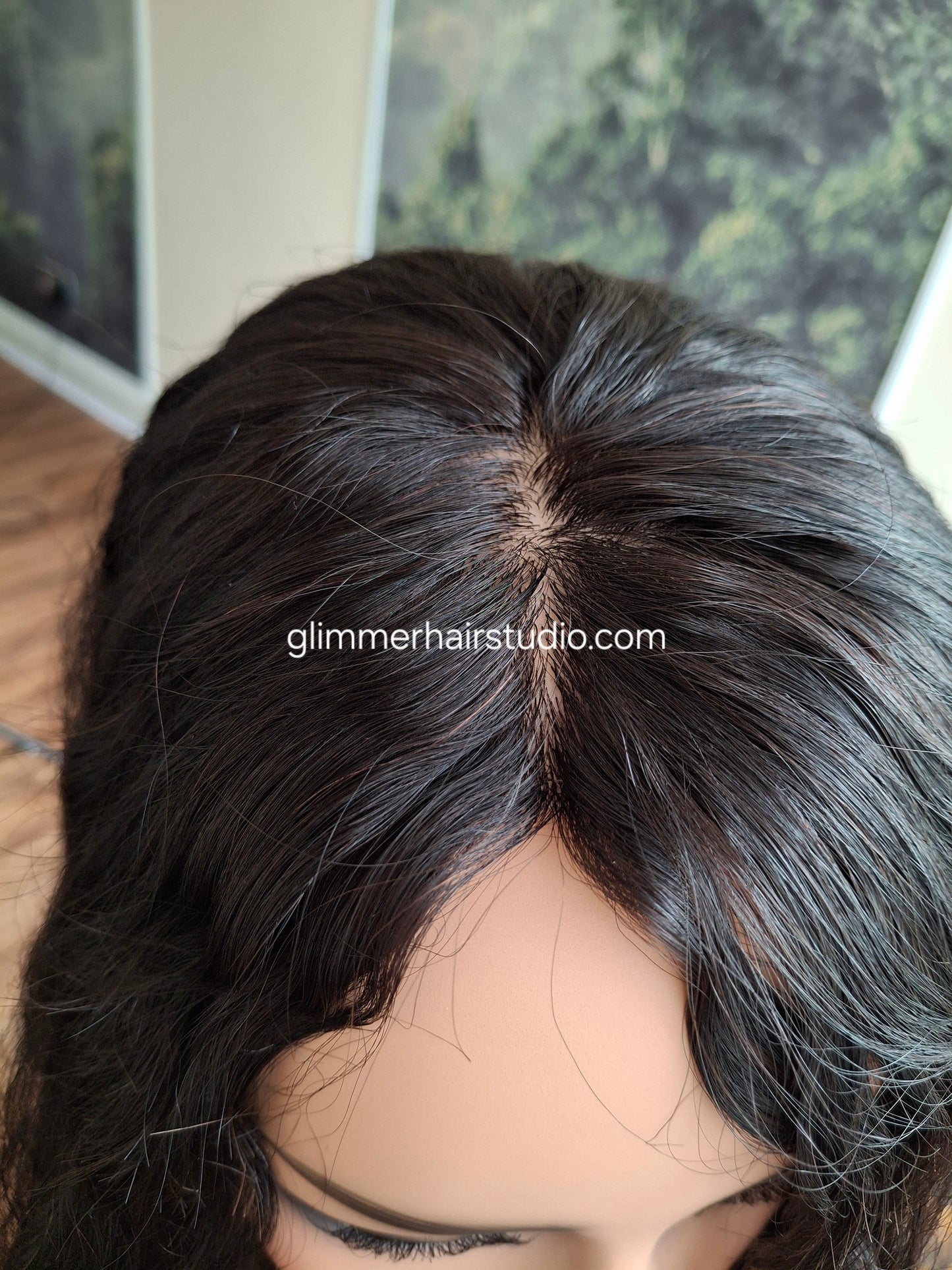 Mila quality human hair topper, full silk base, handmade, 20 inches long, #1b natural black water wave