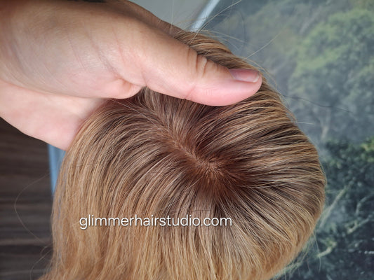 Teeny topper, strawberry blonde with root, silk base human hair booster, 14 inches long
