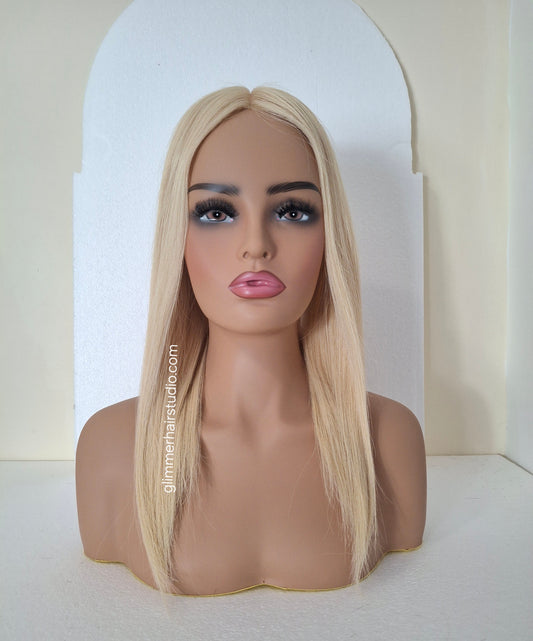 Reduced -Bella quality human hair topper, silk and weft base, lace front, 16 inches long, Sunshine blonde